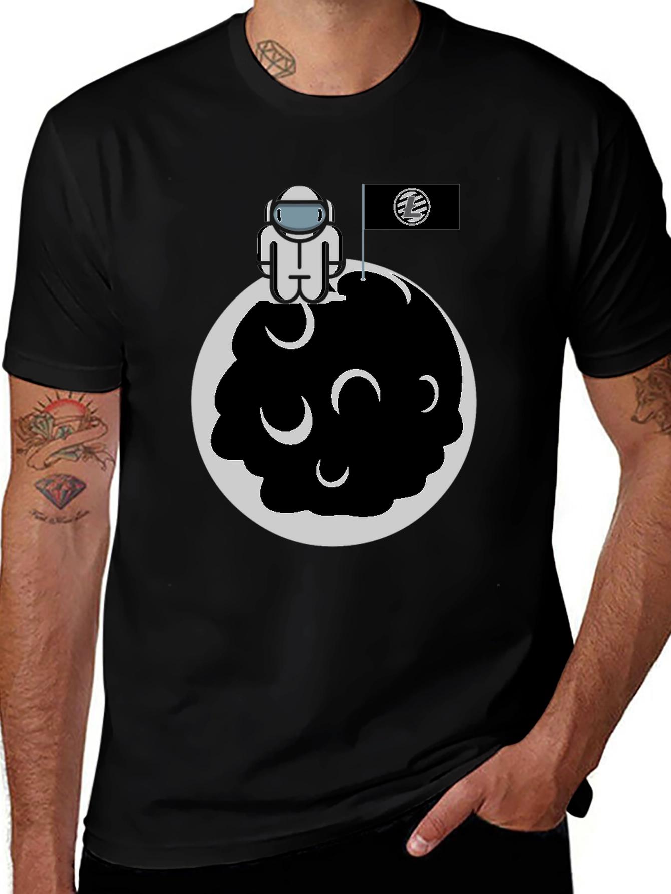 Astronaut on Moon Graphic Tee - Black Cotton Blend