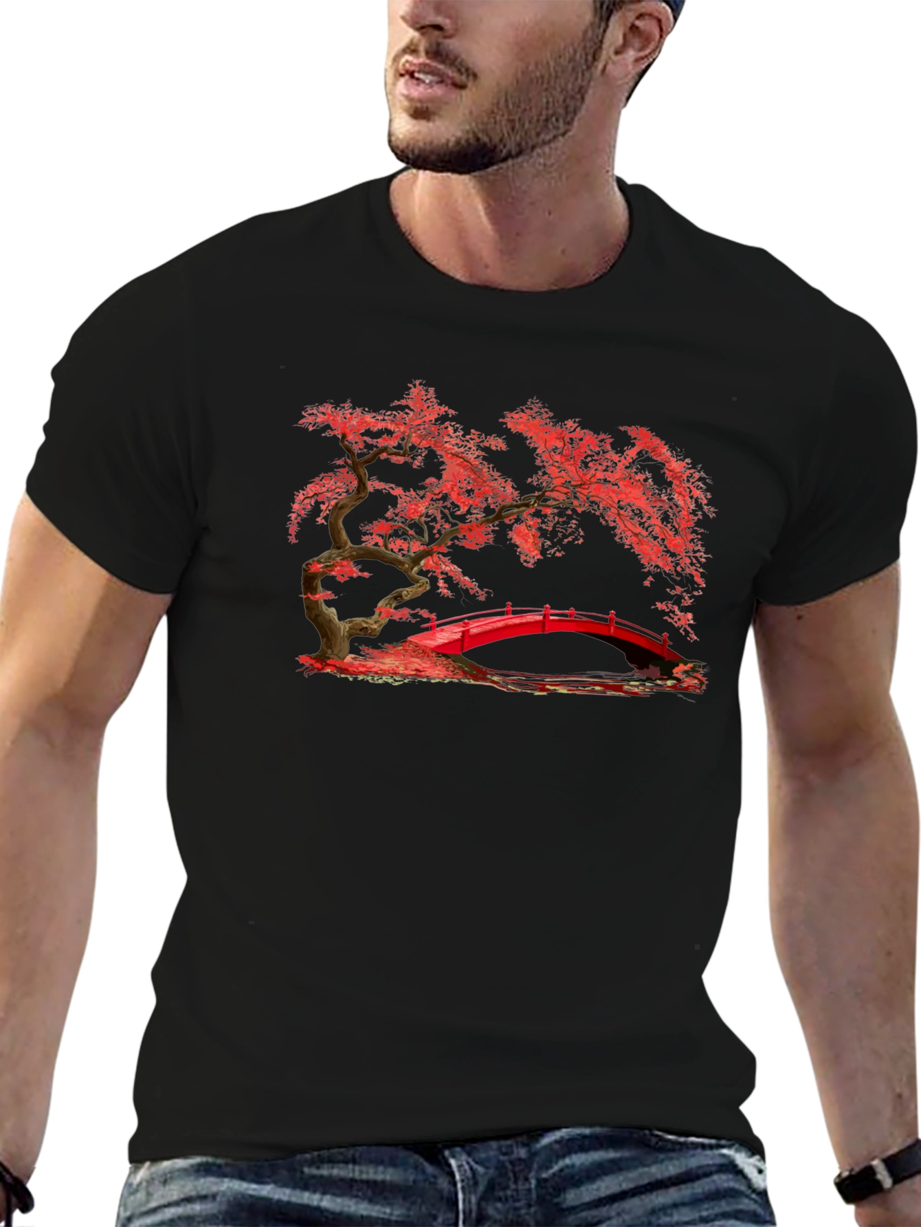 Red Bridge Bonsai Black T-Shirt
