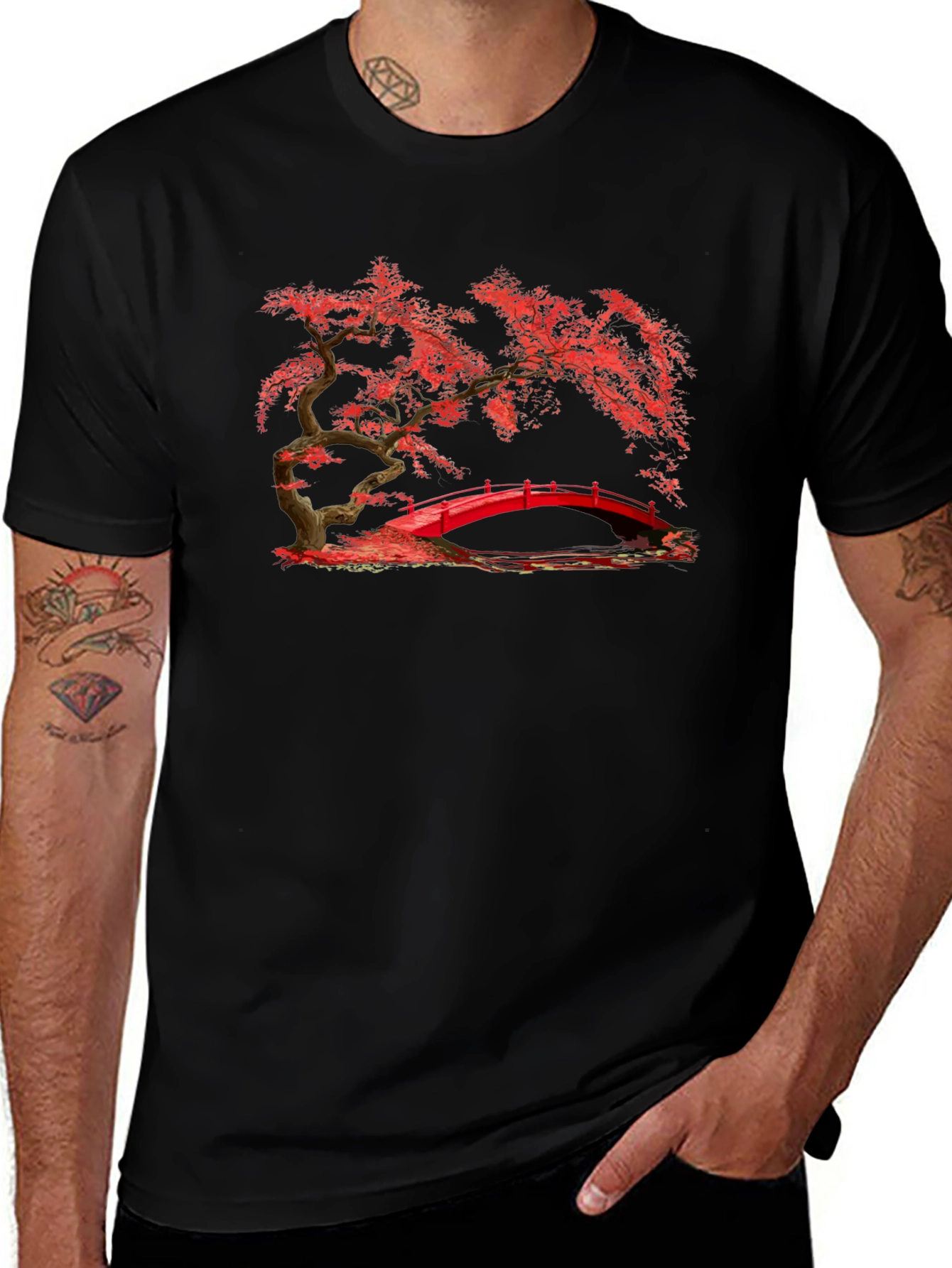 Red Bridge Bonsai Black T-Shirt