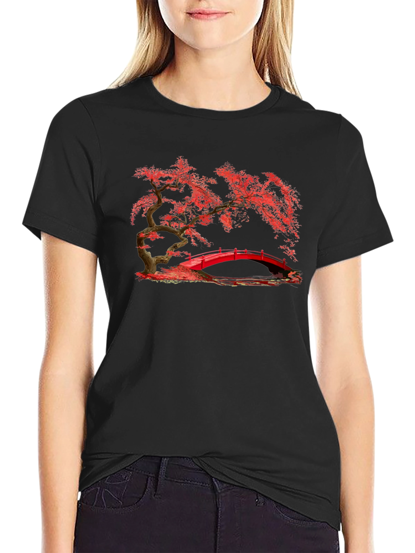 Red Bridge Bonsai Black T-Shirt