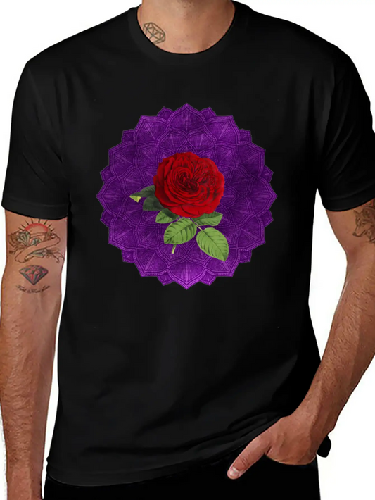 Purple Vintage Red Rose Sacred Mandala Yoga Good Lightweight Cotton T-Shirt – Daily Comfort Graphic Shirt