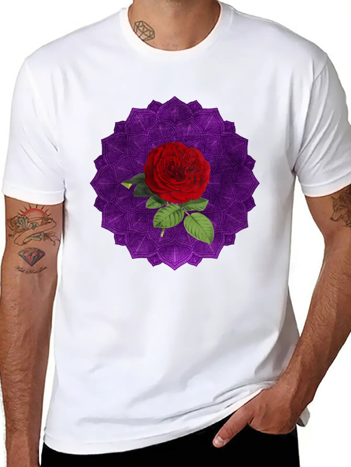Purple Vintage Red Rose Sacred Mandala Yoga Good Lightweight Cotton T-Shirt – Daily Comfort Graphic Shirt