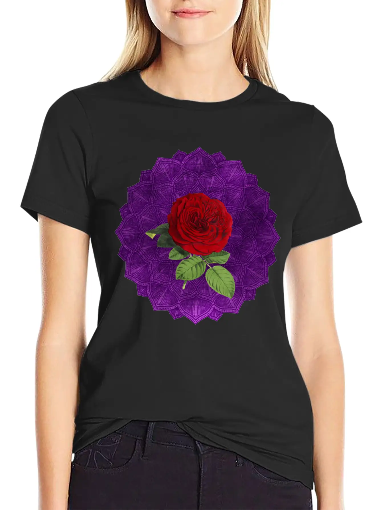 Purple Vintage Red Rose Sacred Mandala Yoga Good Lightweight Cotton T-Shirt – Daily Comfort Graphic Shirt
