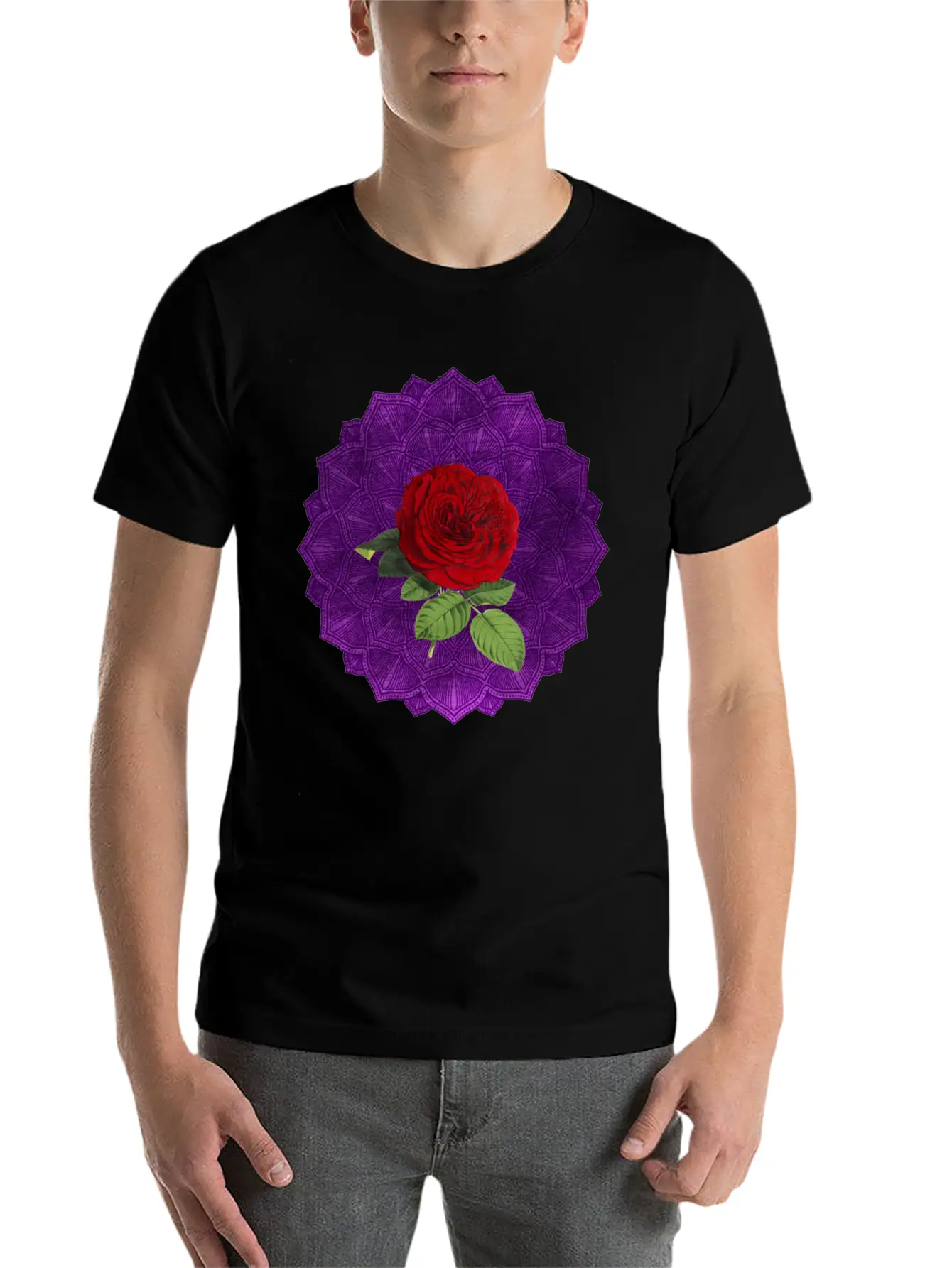 Purple Vintage Red Rose Sacred Mandala Yoga Good Lightweight Cotton T-Shirt – Daily Comfort Graphic Shirt
