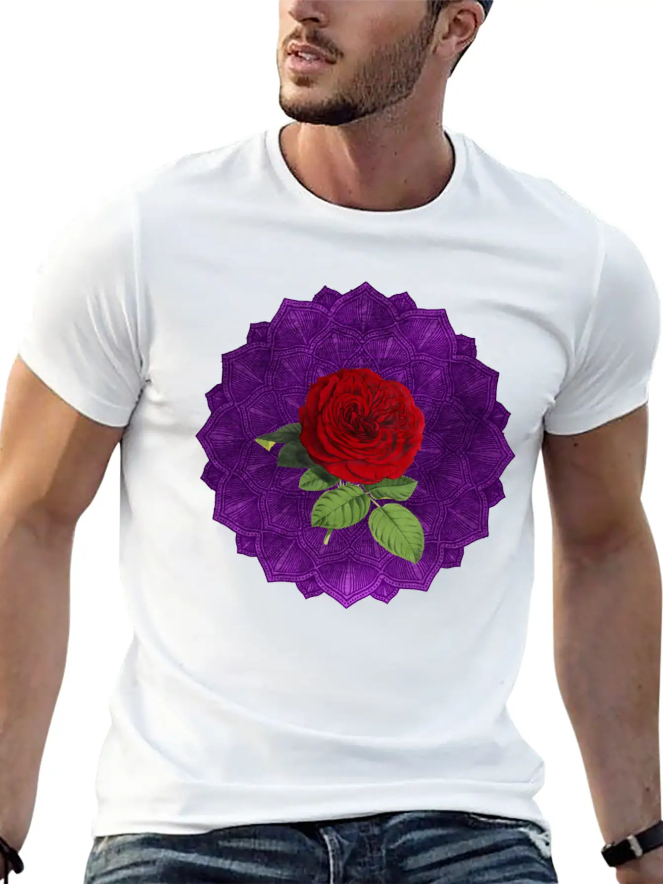 Purple Vintage Red Rose Sacred Mandala Yoga Good Lightweight Cotton T-Shirt – Daily Comfort Graphic Shirt