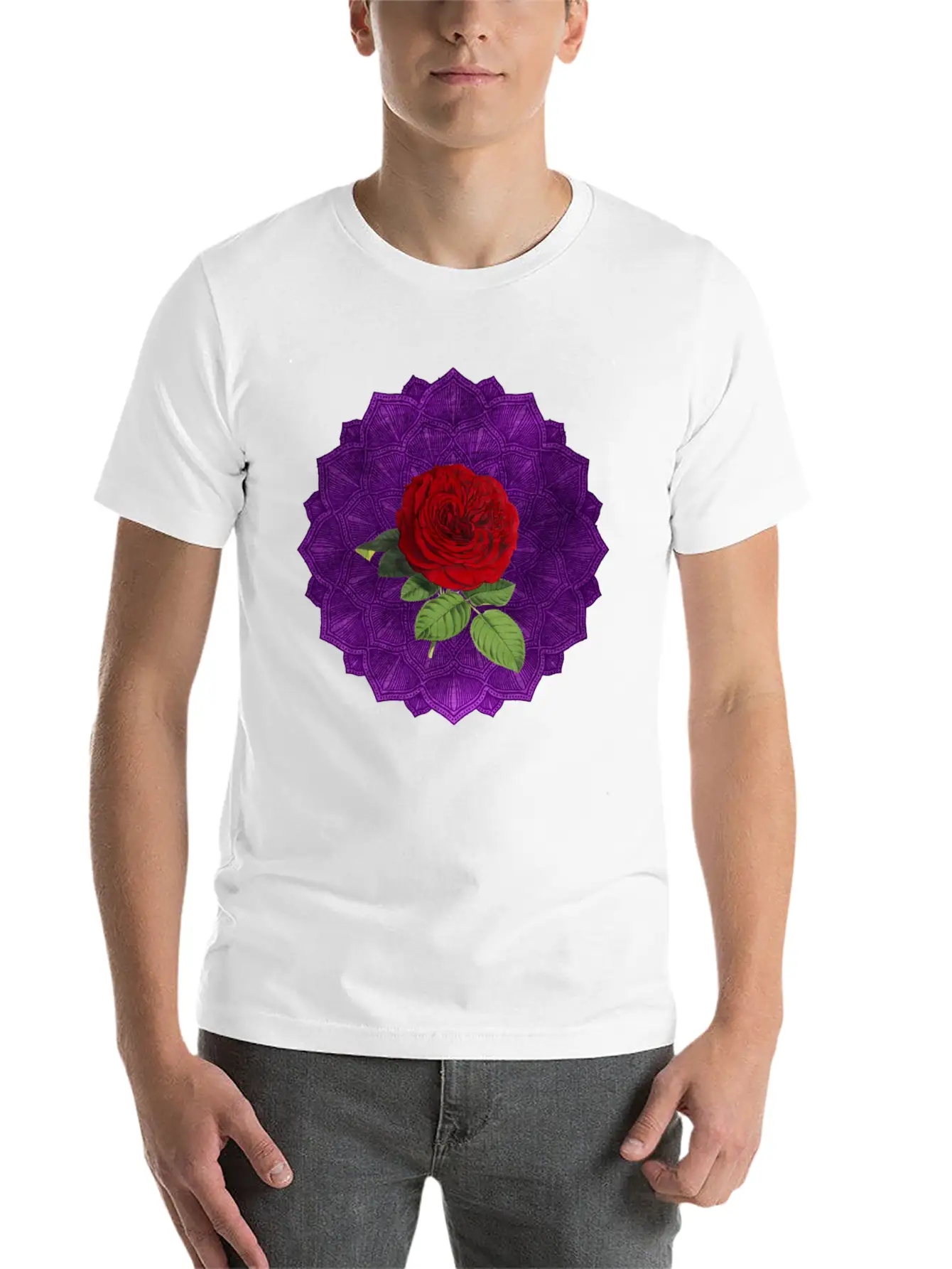 Purple Vintage Red Rose Sacred Mandala Yoga Good Lightweight Cotton T-Shirt – Daily Comfort Graphic Shirt