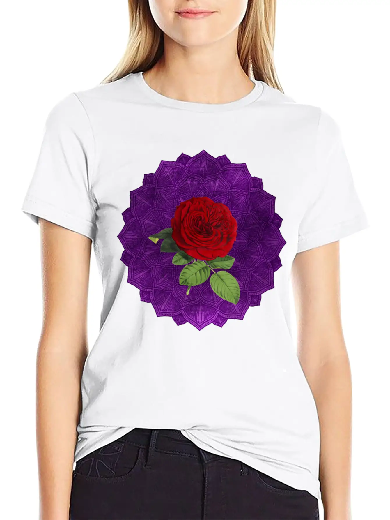 Purple Vintage Red Rose Sacred Mandala Yoga Good Lightweight Cotton T-Shirt – Daily Comfort Graphic Shirt