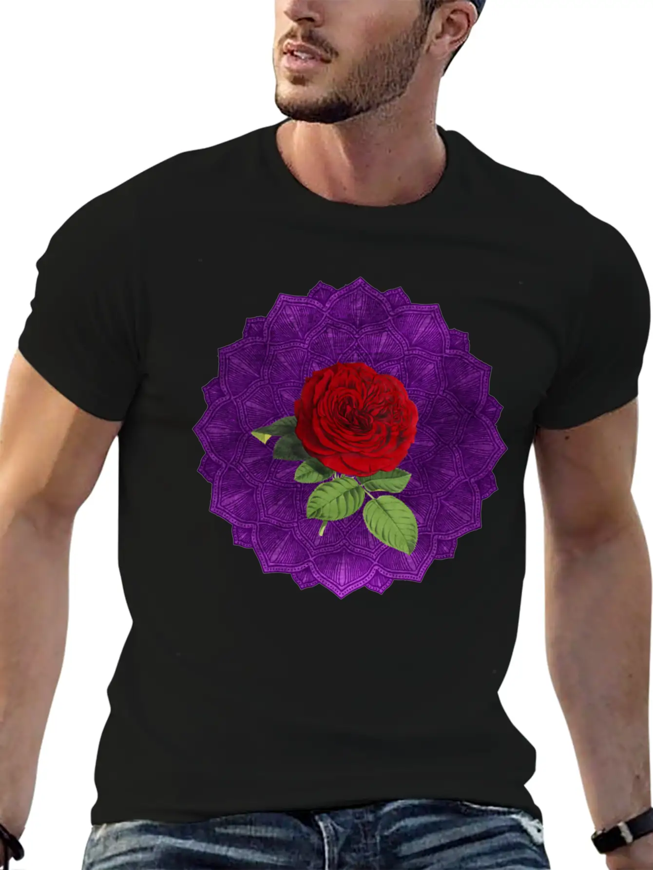 Purple Vintage Red Rose Sacred Mandala Yoga Good Lightweight Cotton T-Shirt – Daily Comfort Graphic Shirt