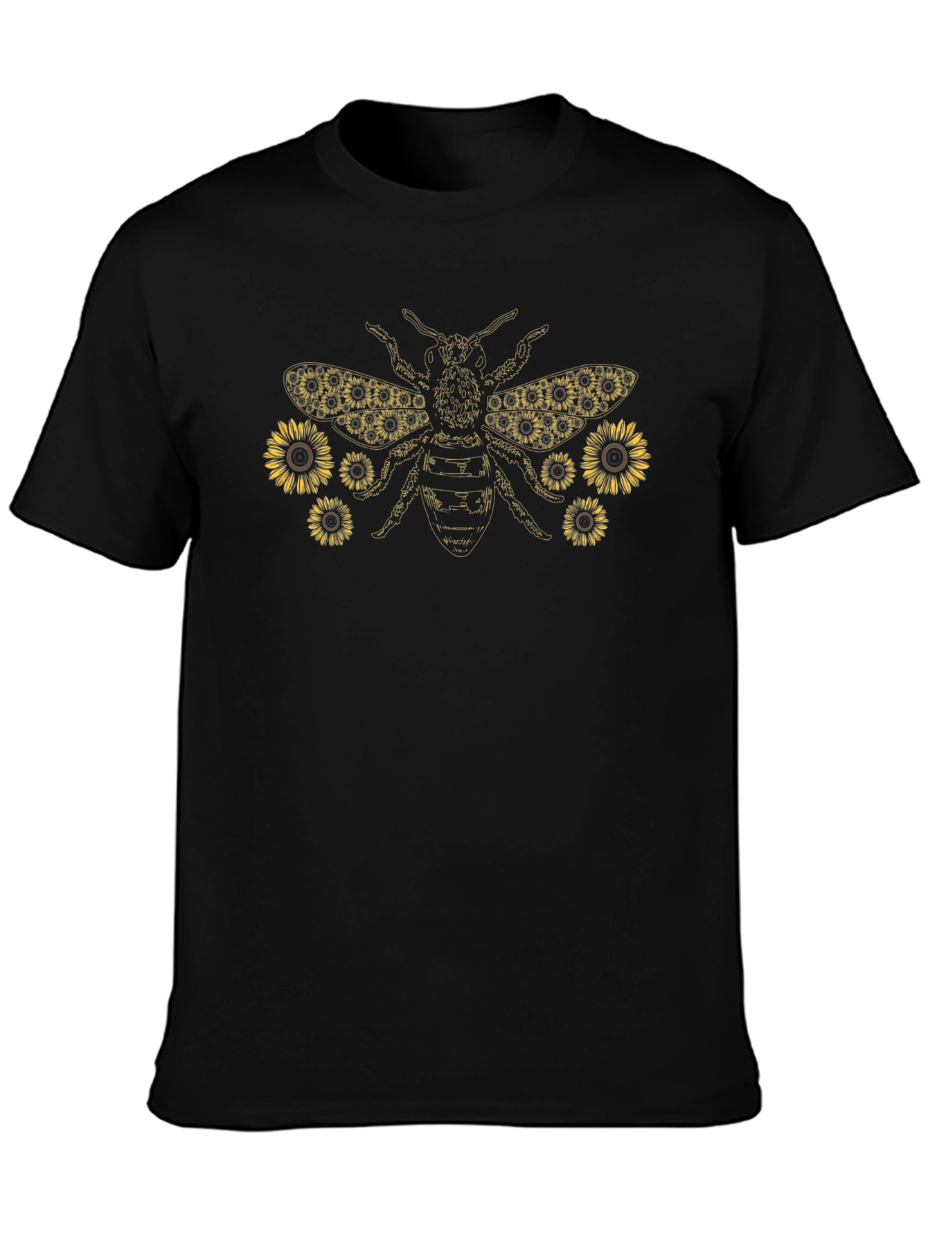 Sunflower Bee Graphic Tee - Black Cotton Shirt