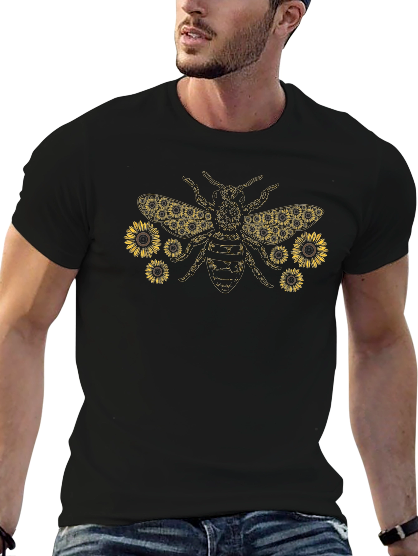 Sunflower Bee Graphic Tee - Black Cotton Shirt