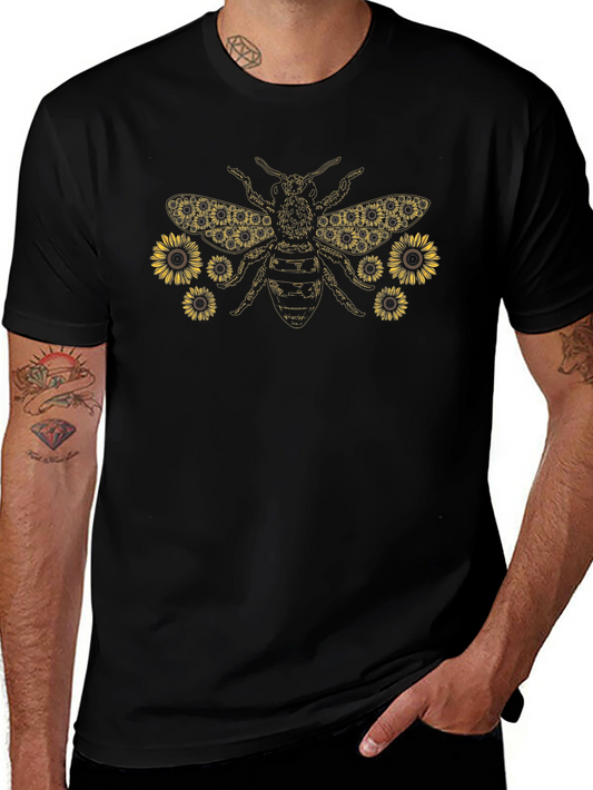 Sunflower Bee Graphic Tee - Black Cotton Shirt