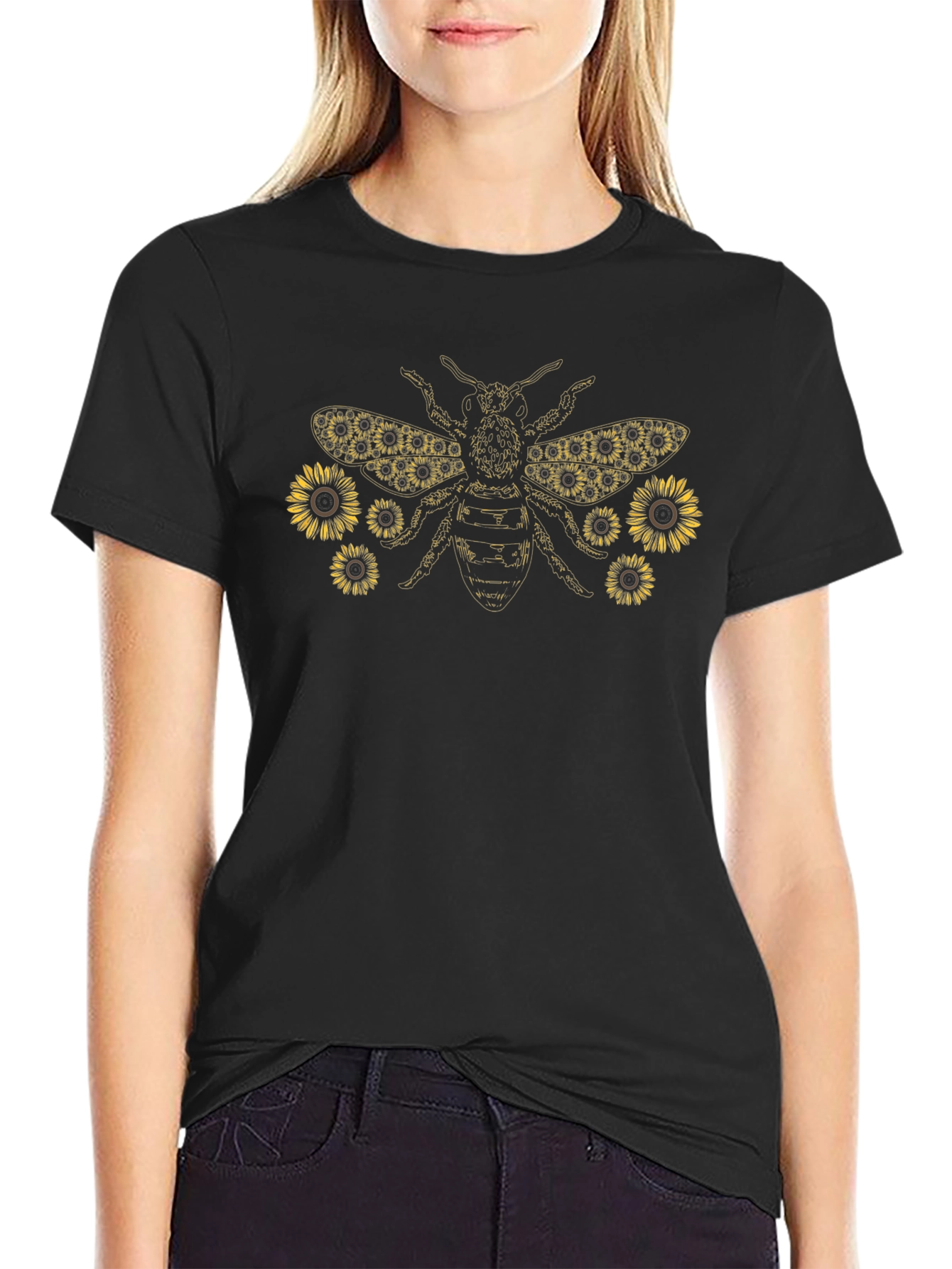 Sunflower Bee Graphic Tee - Black Cotton Shirt
