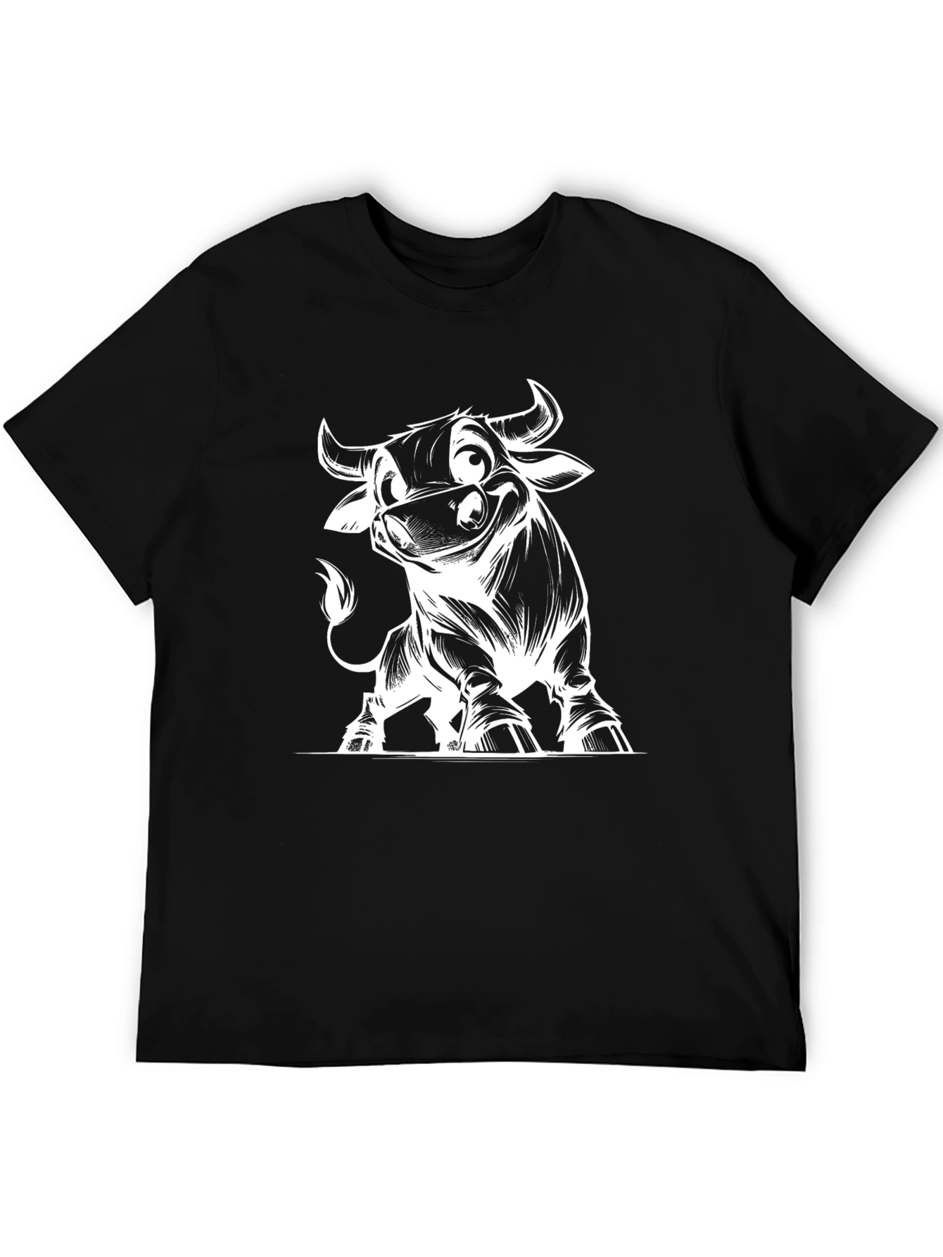 Cartoon Bull Graphic Tee - Black Cotton T-Shirt