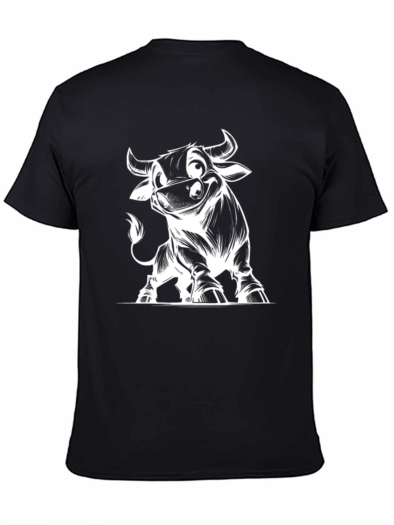 Cartoon Bull Graphic Tee - Black Cotton T-Shirt