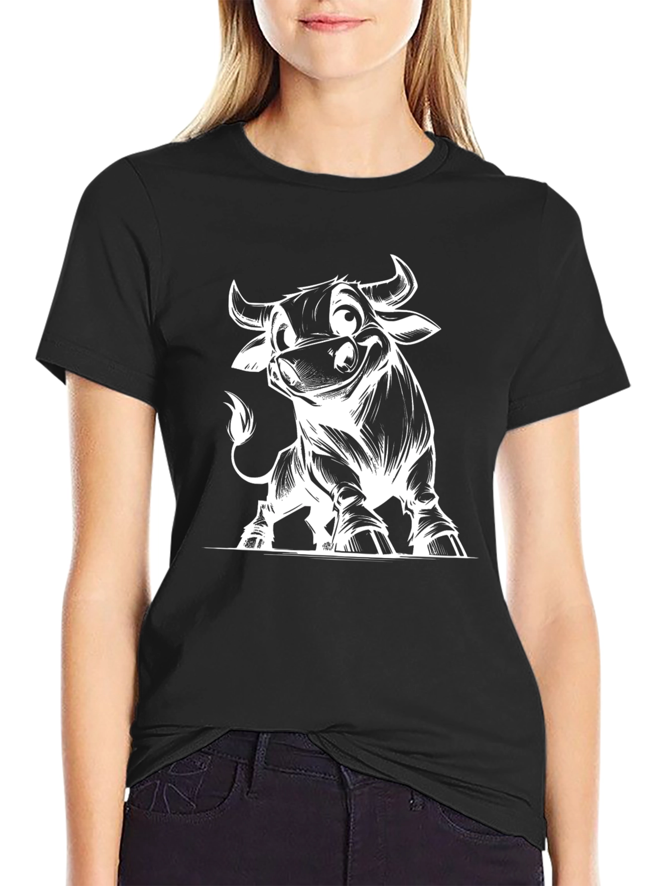 Cartoon Bull Graphic Tee - Black Cotton T-Shirt