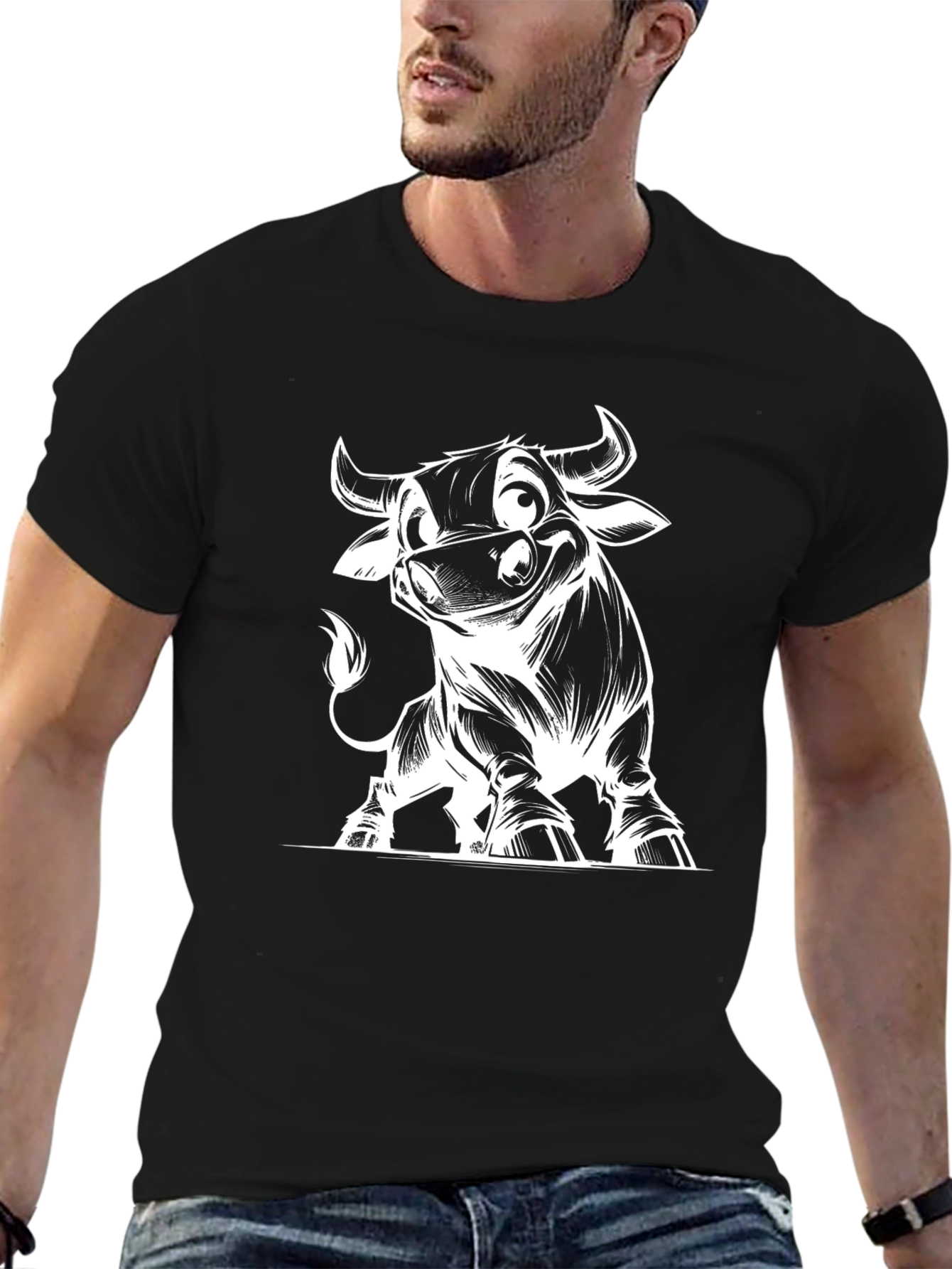 Cartoon Bull Graphic Tee - Black Cotton T-Shirt