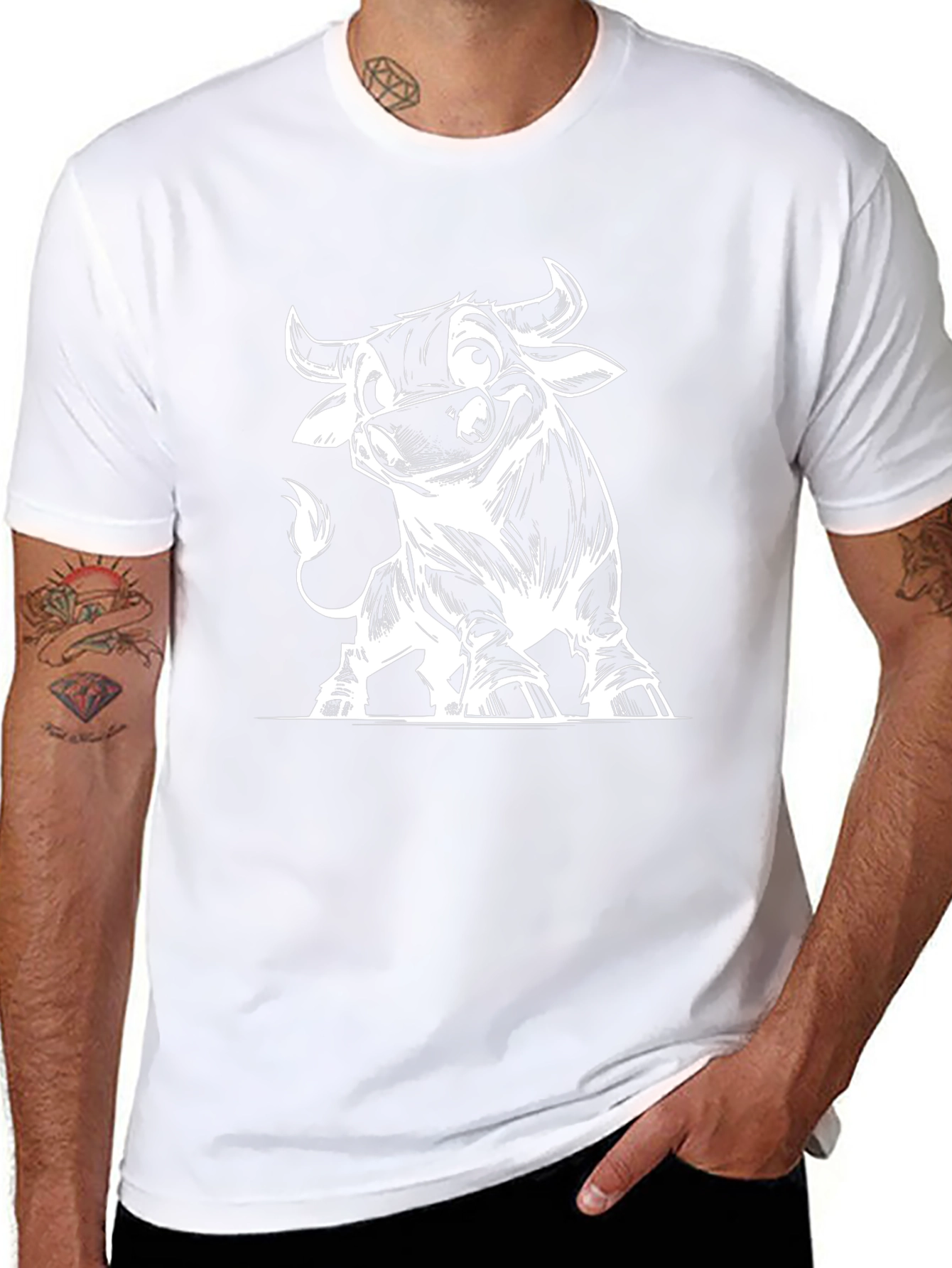 Cartoon Bull Graphic Tee - Black Cotton T-Shirt