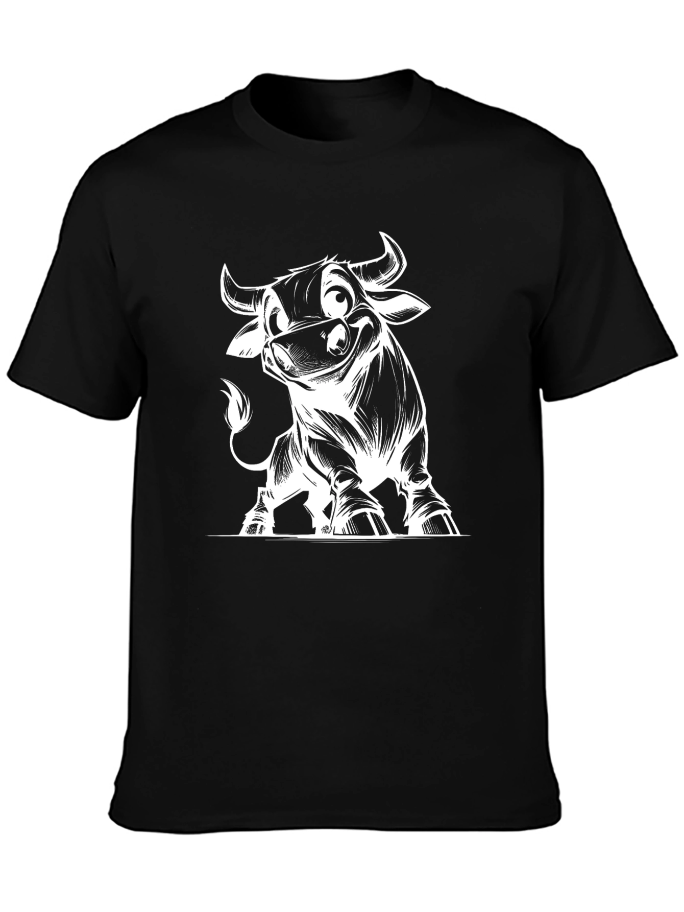 Cartoon Bull Graphic Tee - Black Cotton T-Shirt