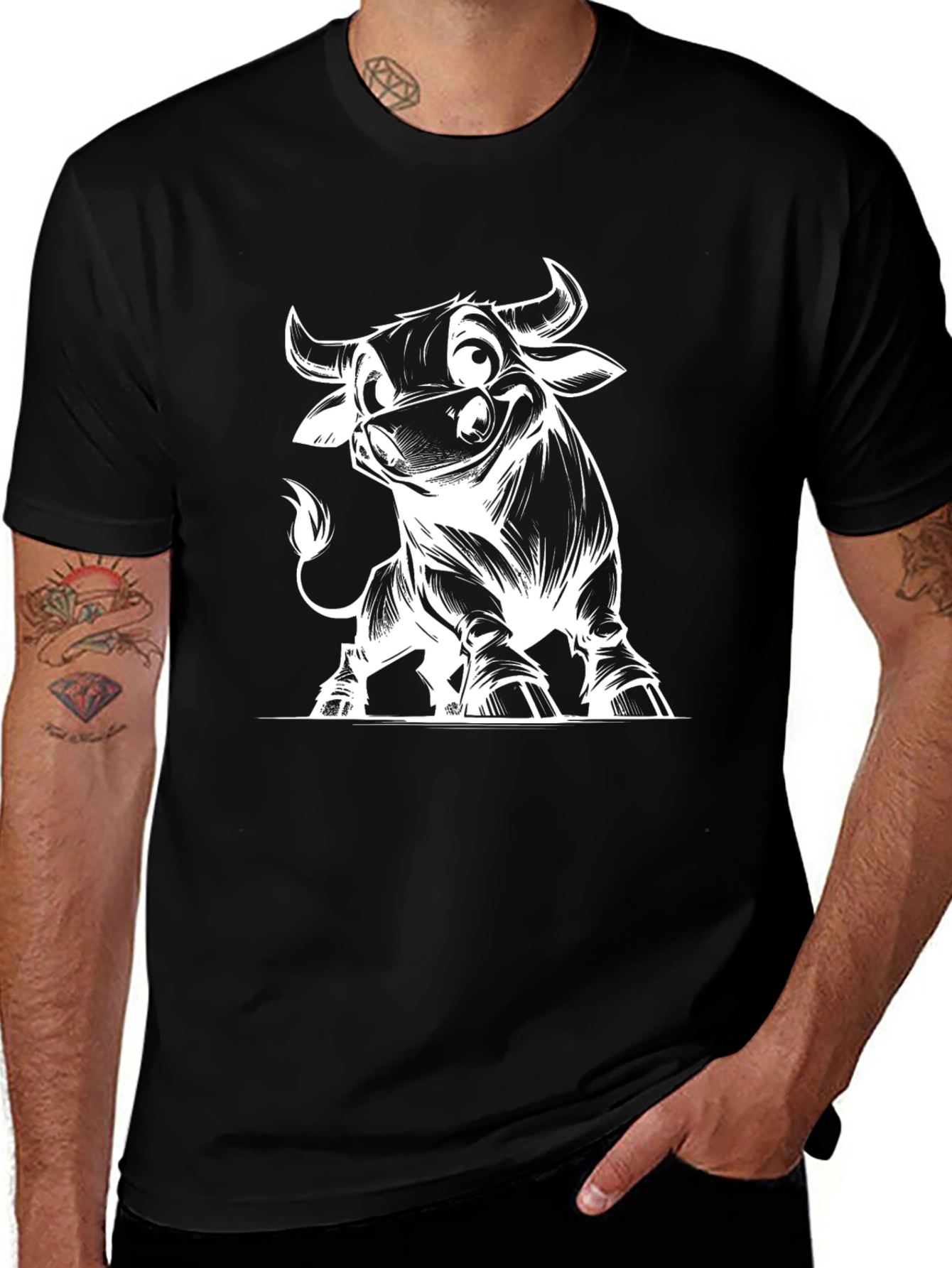 Cartoon Bull Graphic Tee - Black Cotton T-Shirt