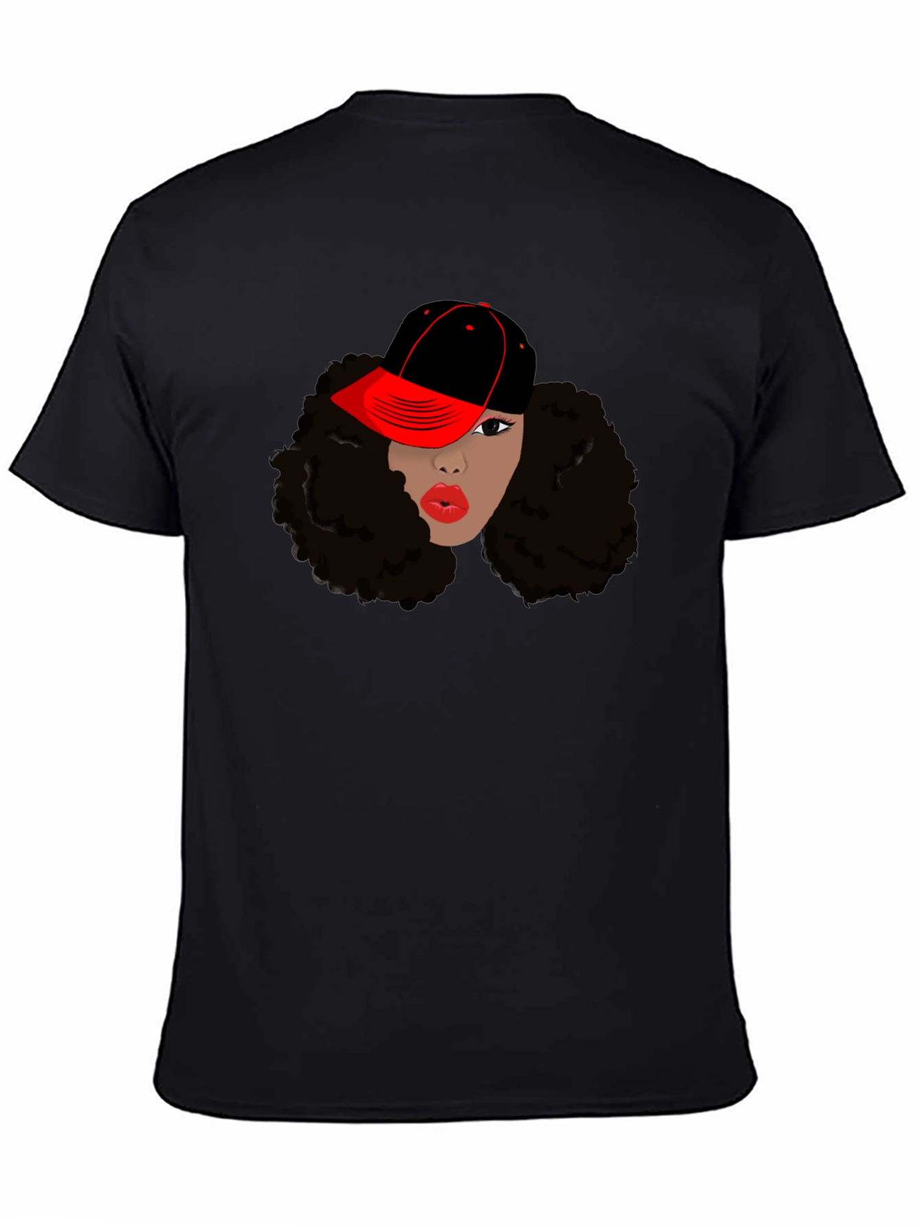 Black T-Shirt with Womans Face and Cap Graphic