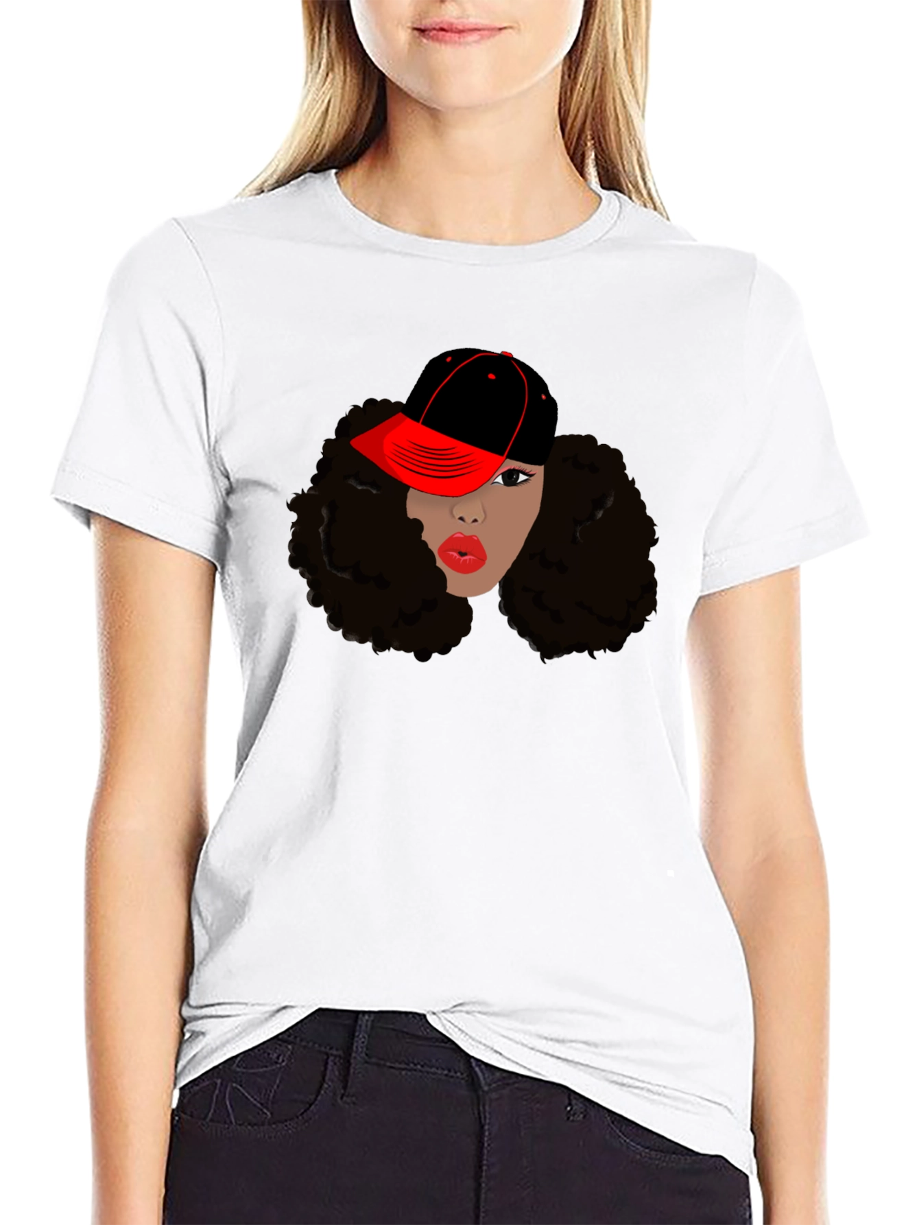 Black T-Shirt with Womans Face and Cap Graphic