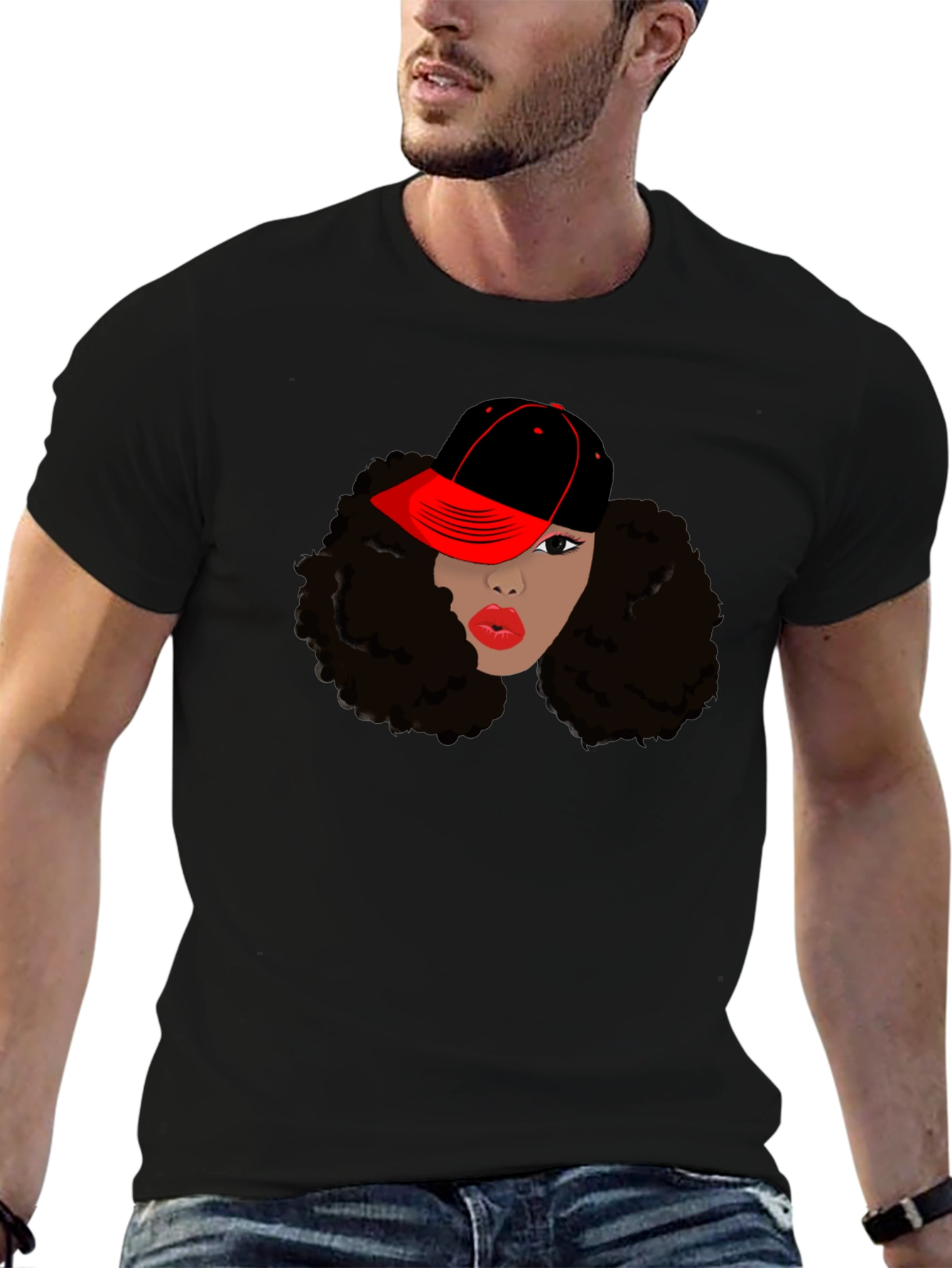 Black T-Shirt with Womans Face and Cap Graphic