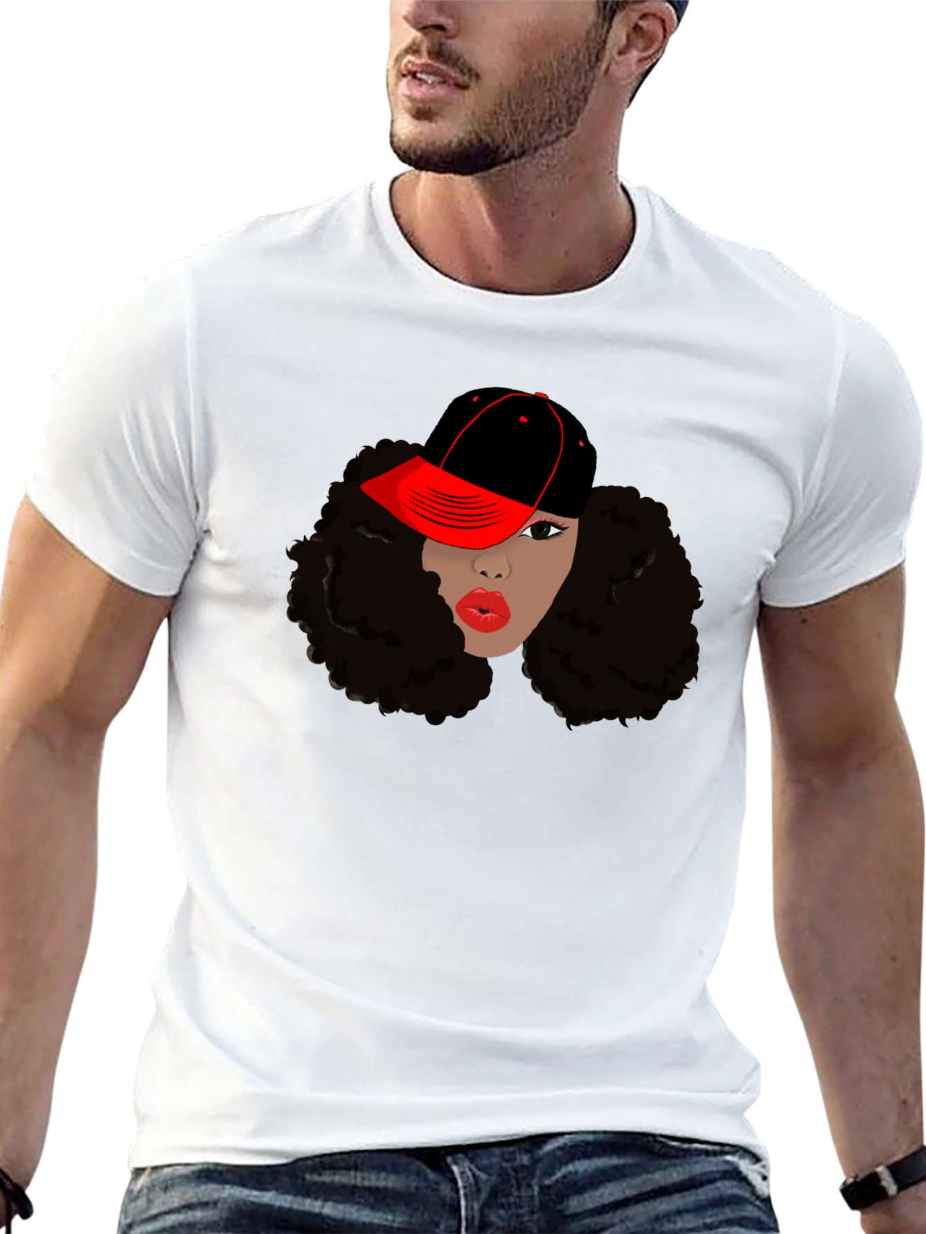 Black T-Shirt with Womans Face and Cap Graphic