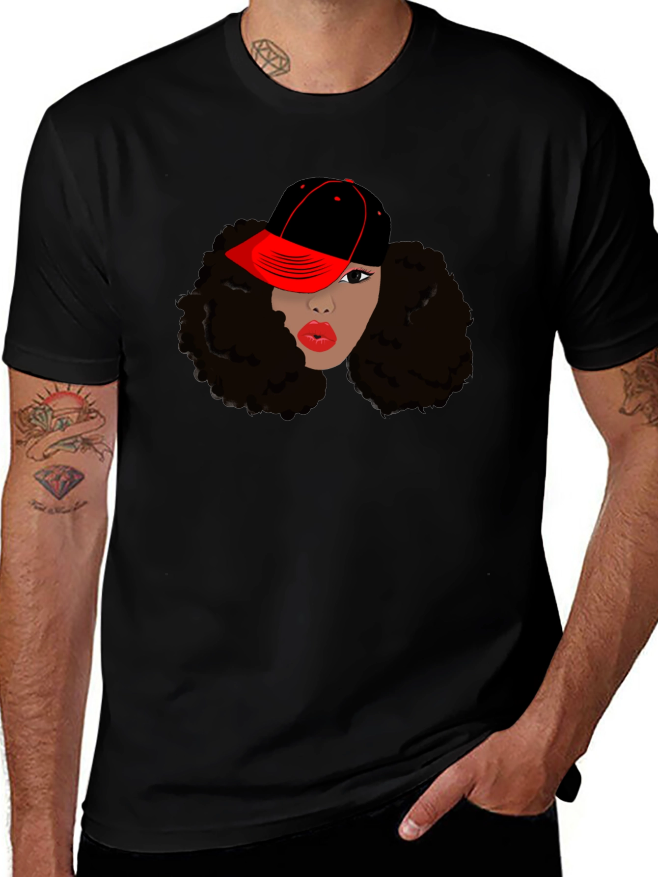 Black T-Shirt with Womans Face and Cap Graphic