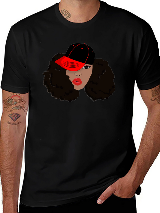 Black T-Shirt with Womans Face and Cap Graphic