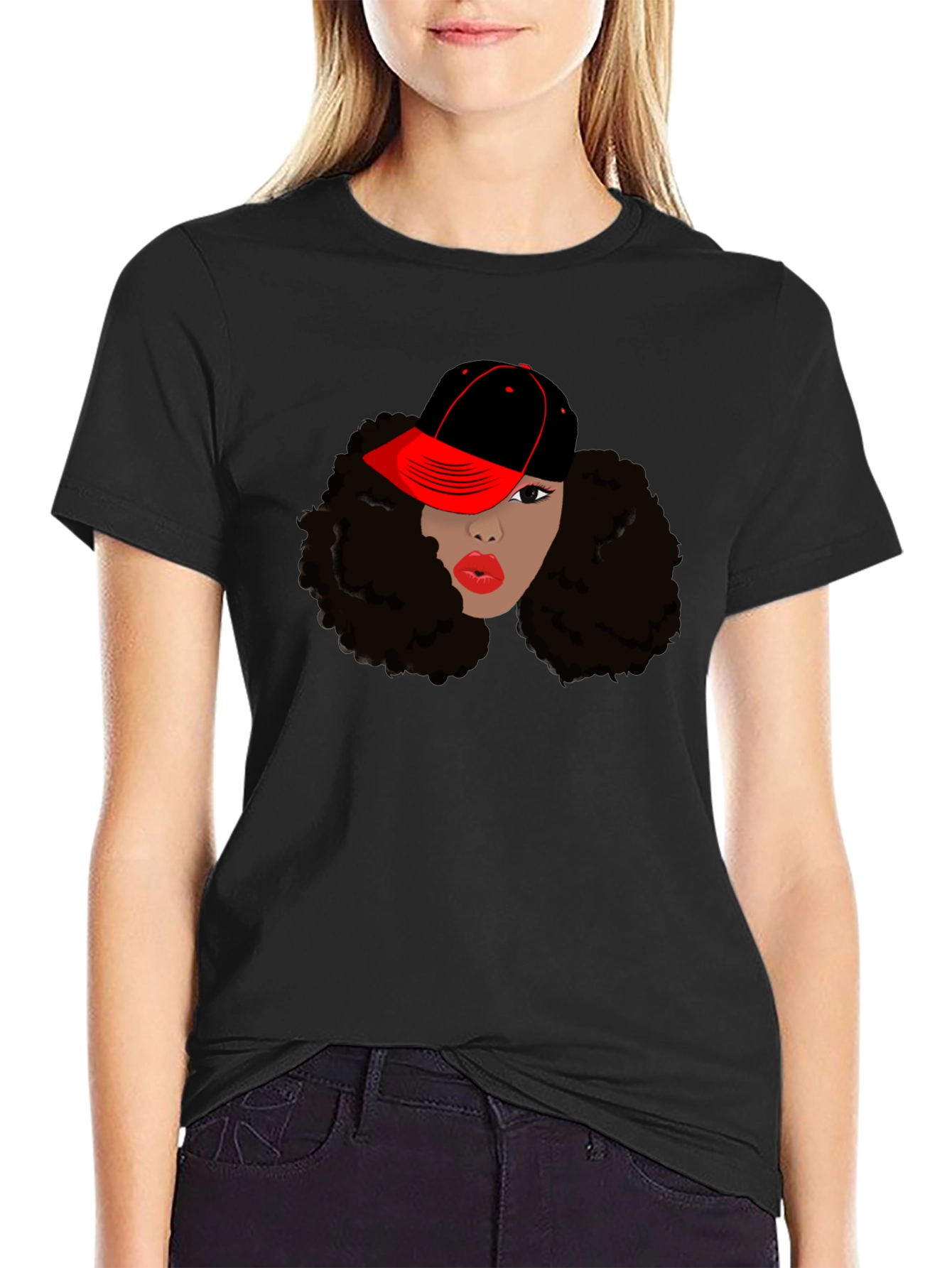 Black T-Shirt with Womans Face and Cap Graphic