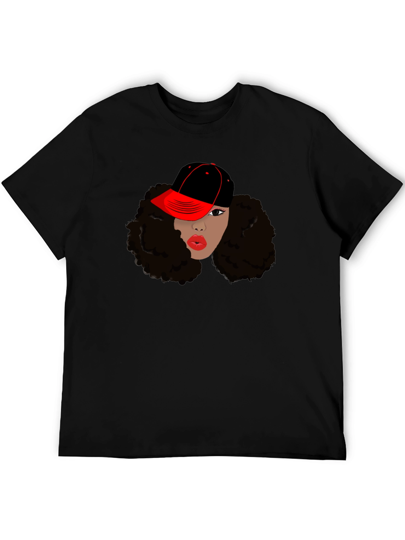 Black T-Shirt with Womans Face and Cap Graphic