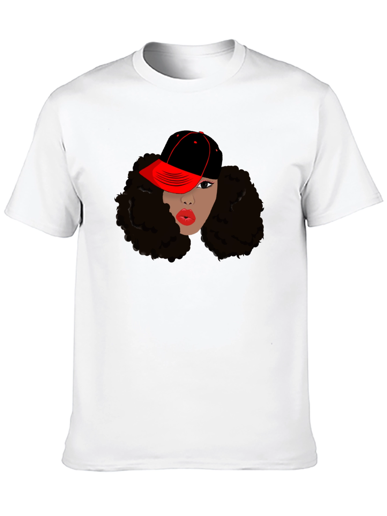 Black T-Shirt with Womans Face and Cap Graphic