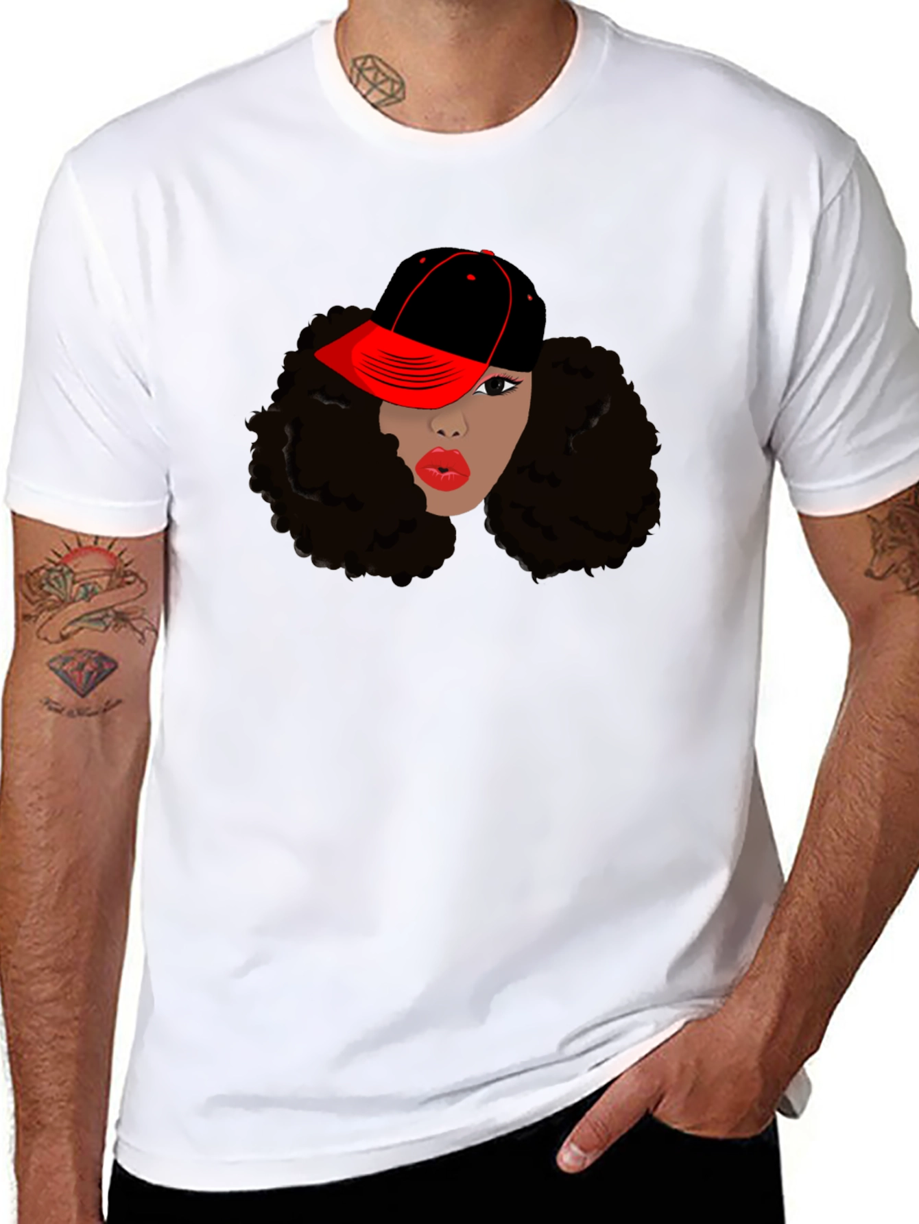 Black T-Shirt with Womans Face and Cap Graphic
