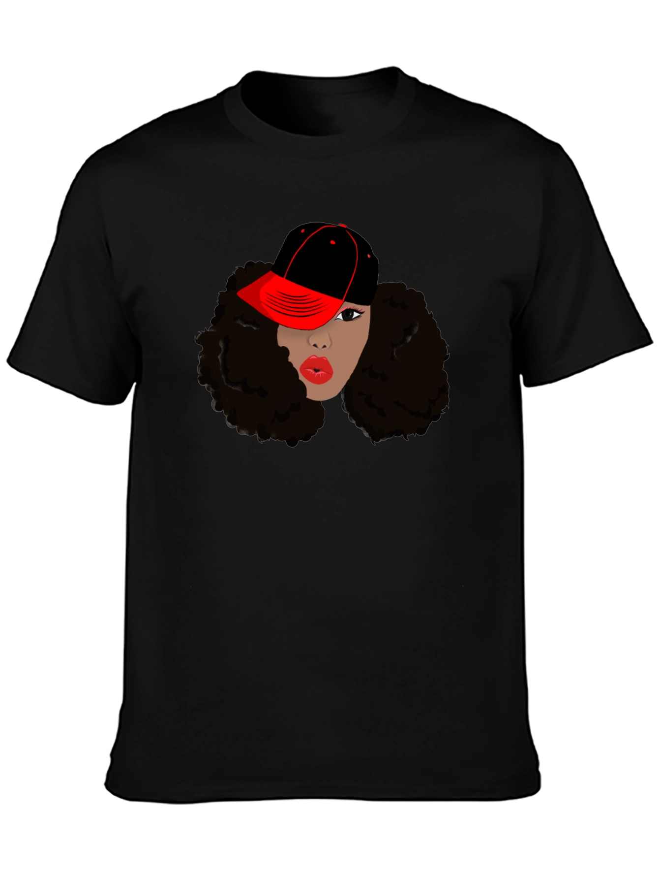 Black T-Shirt with Womans Face and Cap Graphic