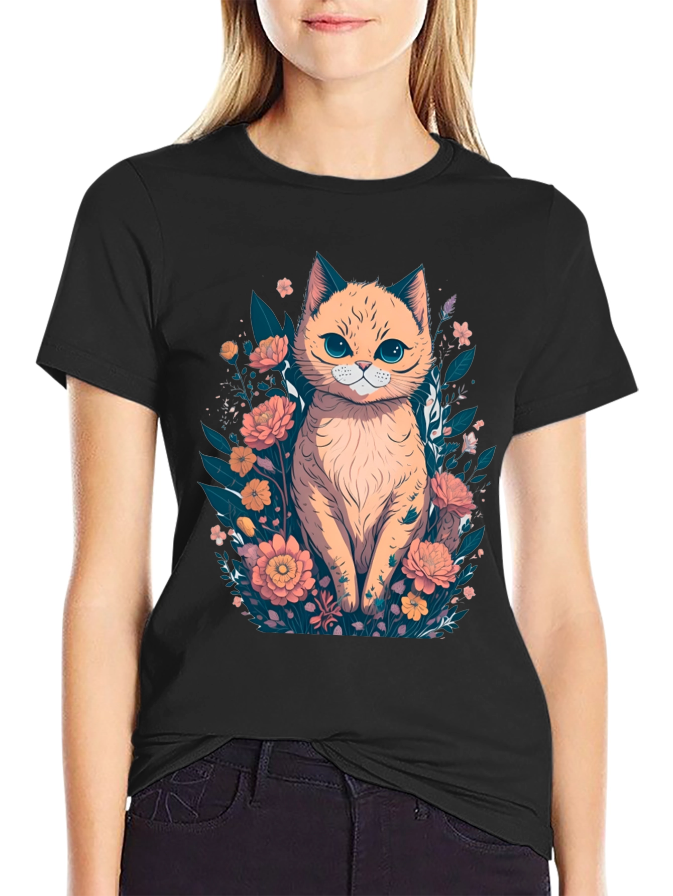 Cat & Floral T-Shirt - Stylish Graphic Tee