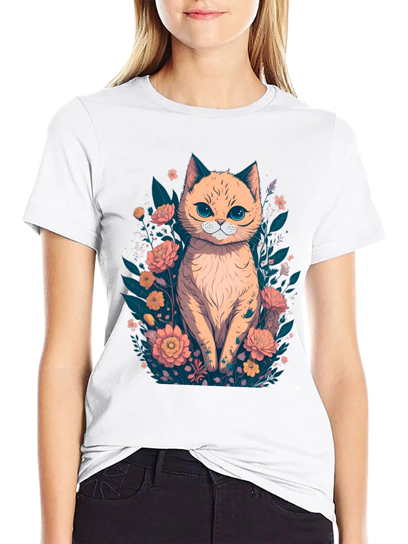 Cat & Floral T-Shirt - Stylish Graphic Tee