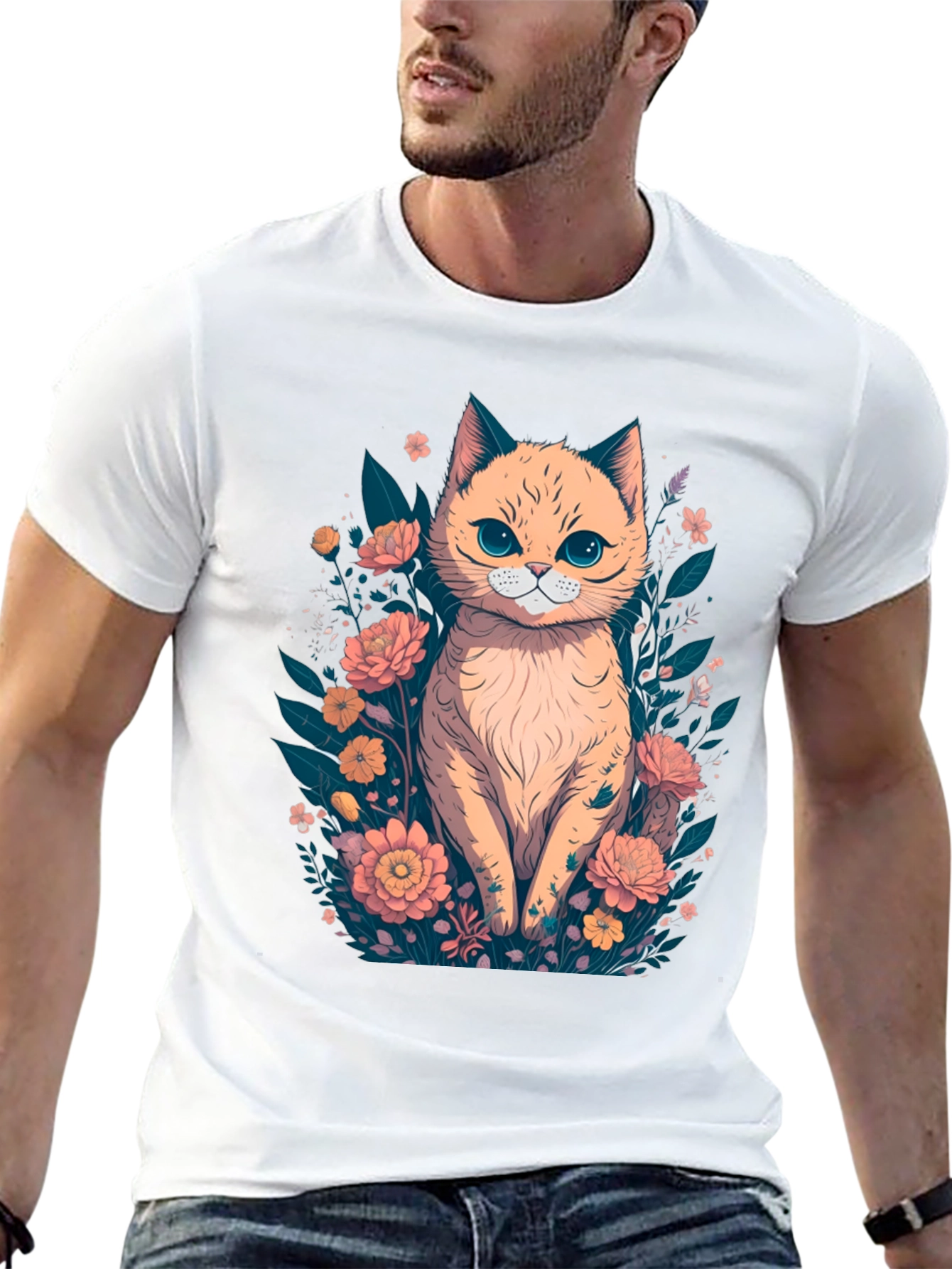 Cat & Floral T-Shirt - Stylish Graphic Tee