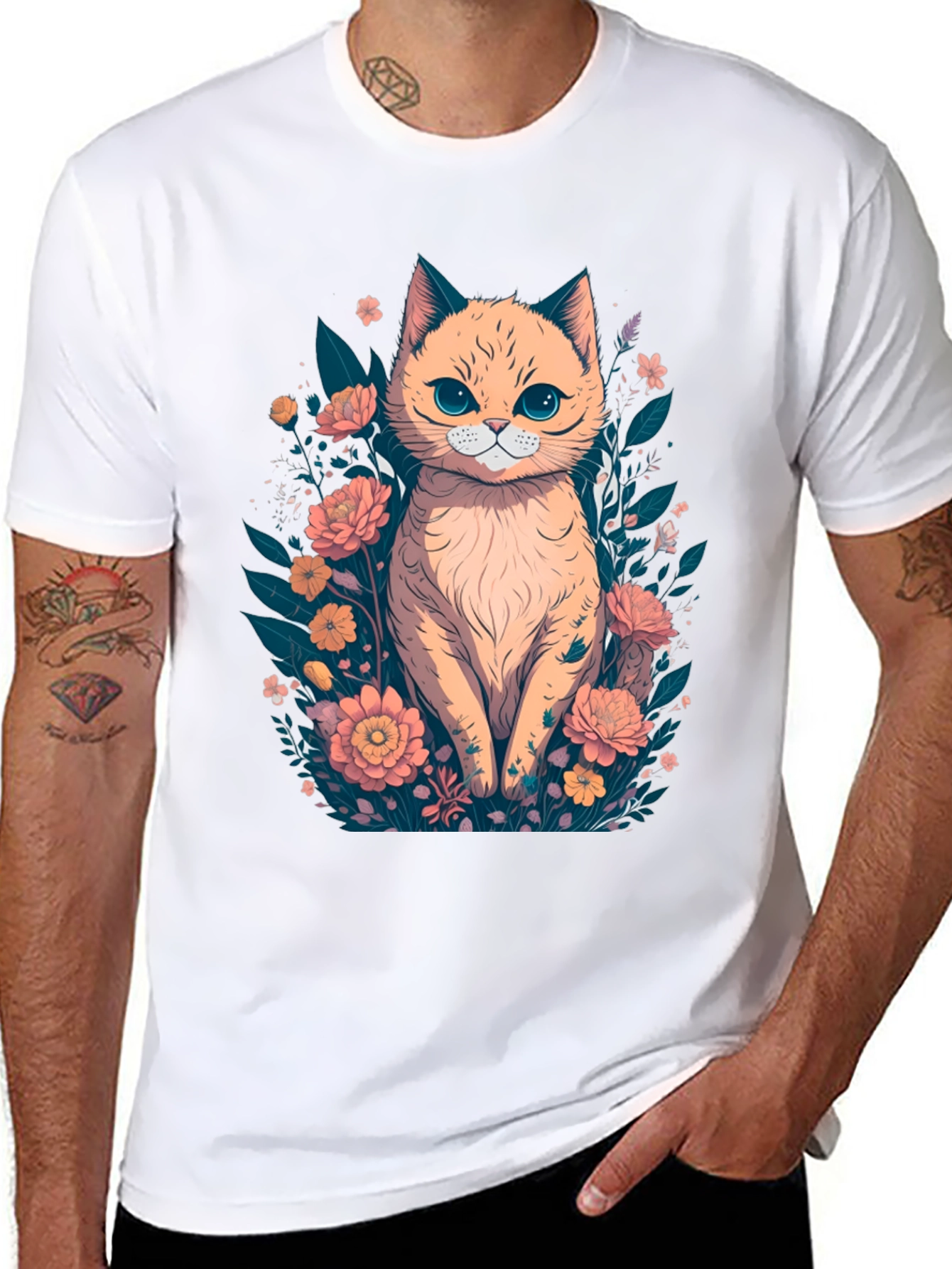 Cat & Floral T-Shirt - Stylish Graphic Tee