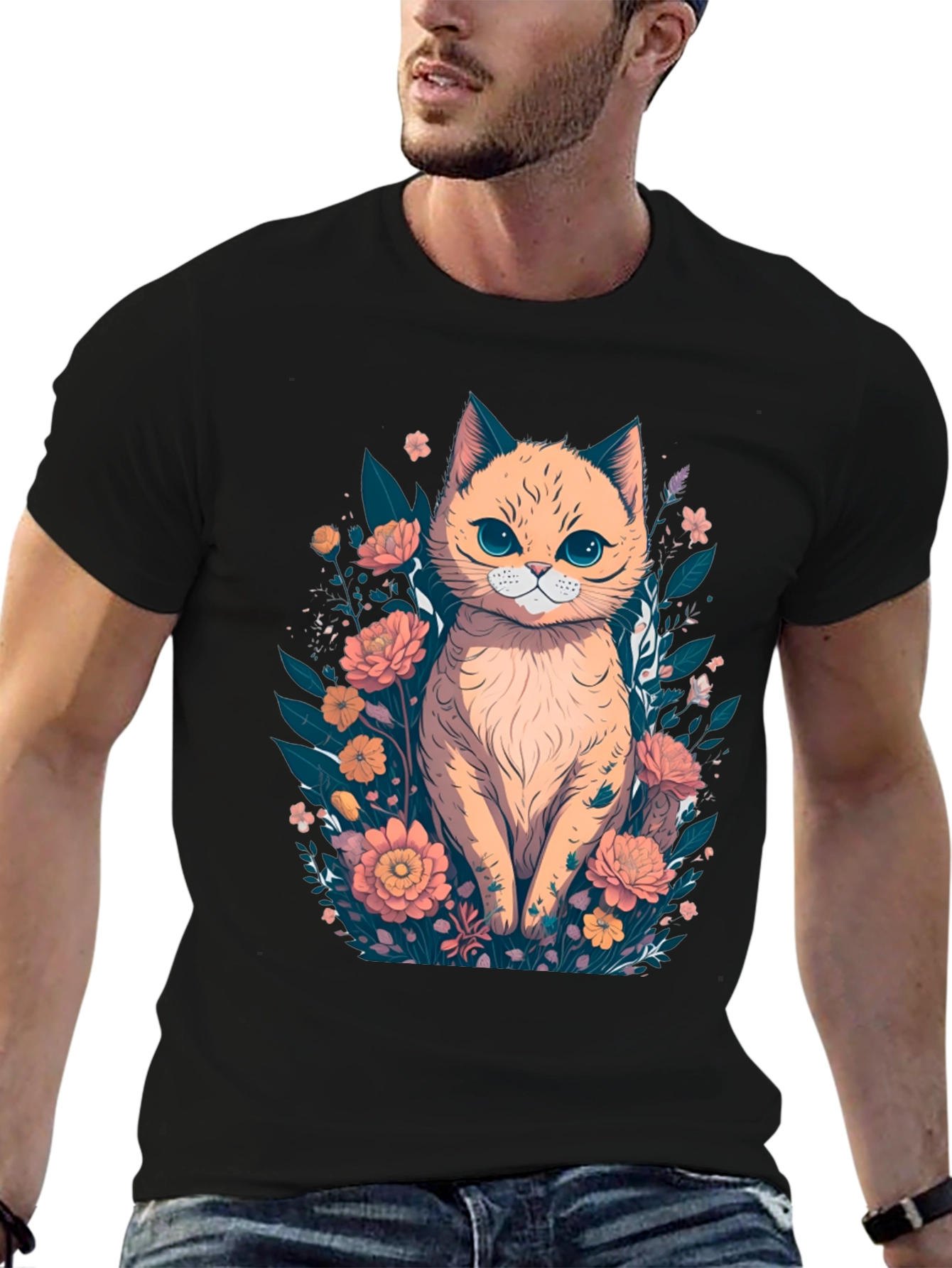 Cat & Floral T-Shirt - Stylish Graphic Tee