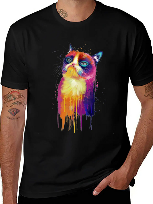 Rainbow Grumpy Kitty Painting Lightweight Cotton T-Shirt – Daily Comfort Graphic Shirt