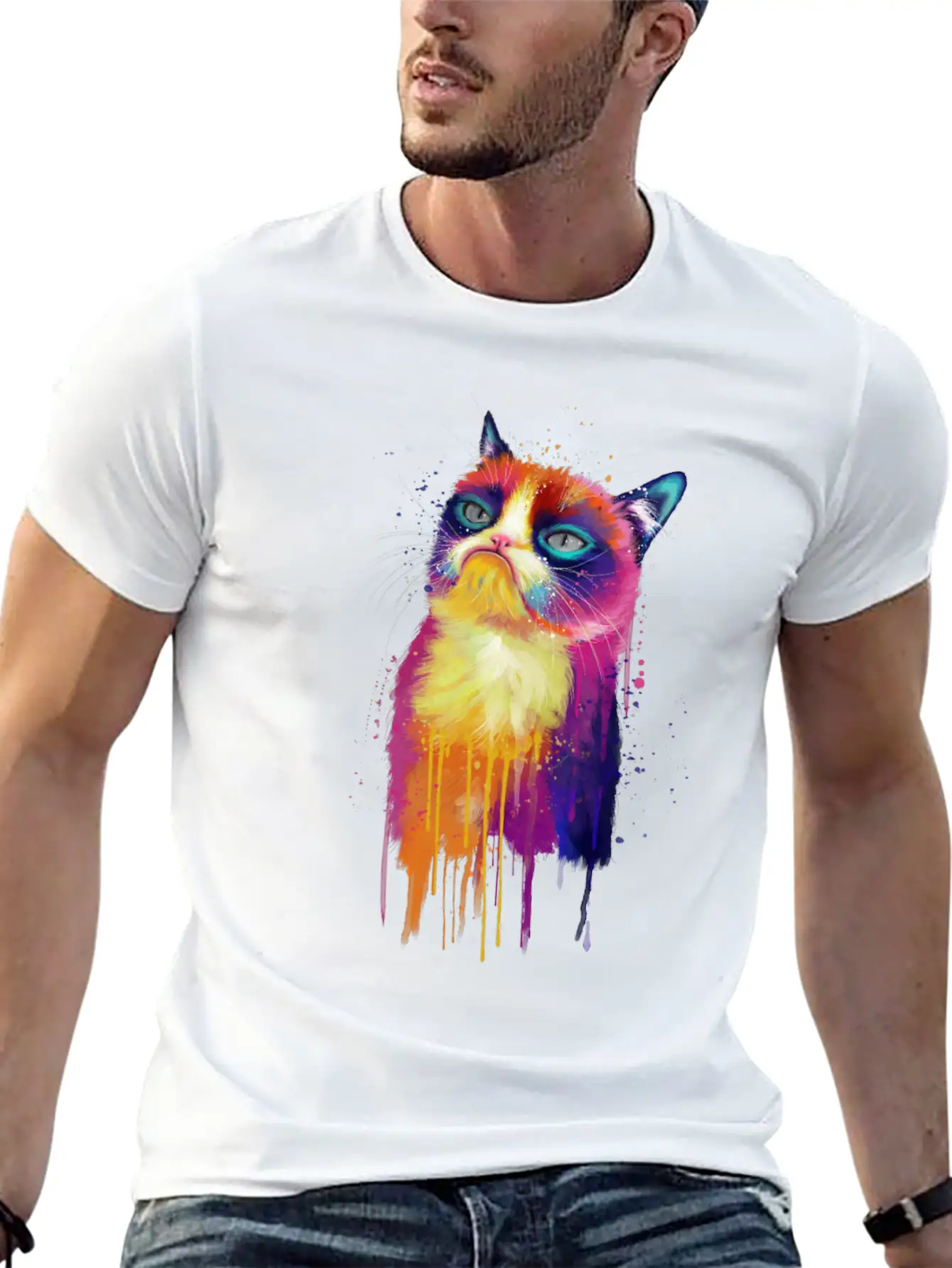 Rainbow Grumpy Kitty Painting Lightweight Cotton T-Shirt – Daily Comfort Graphic Shirt