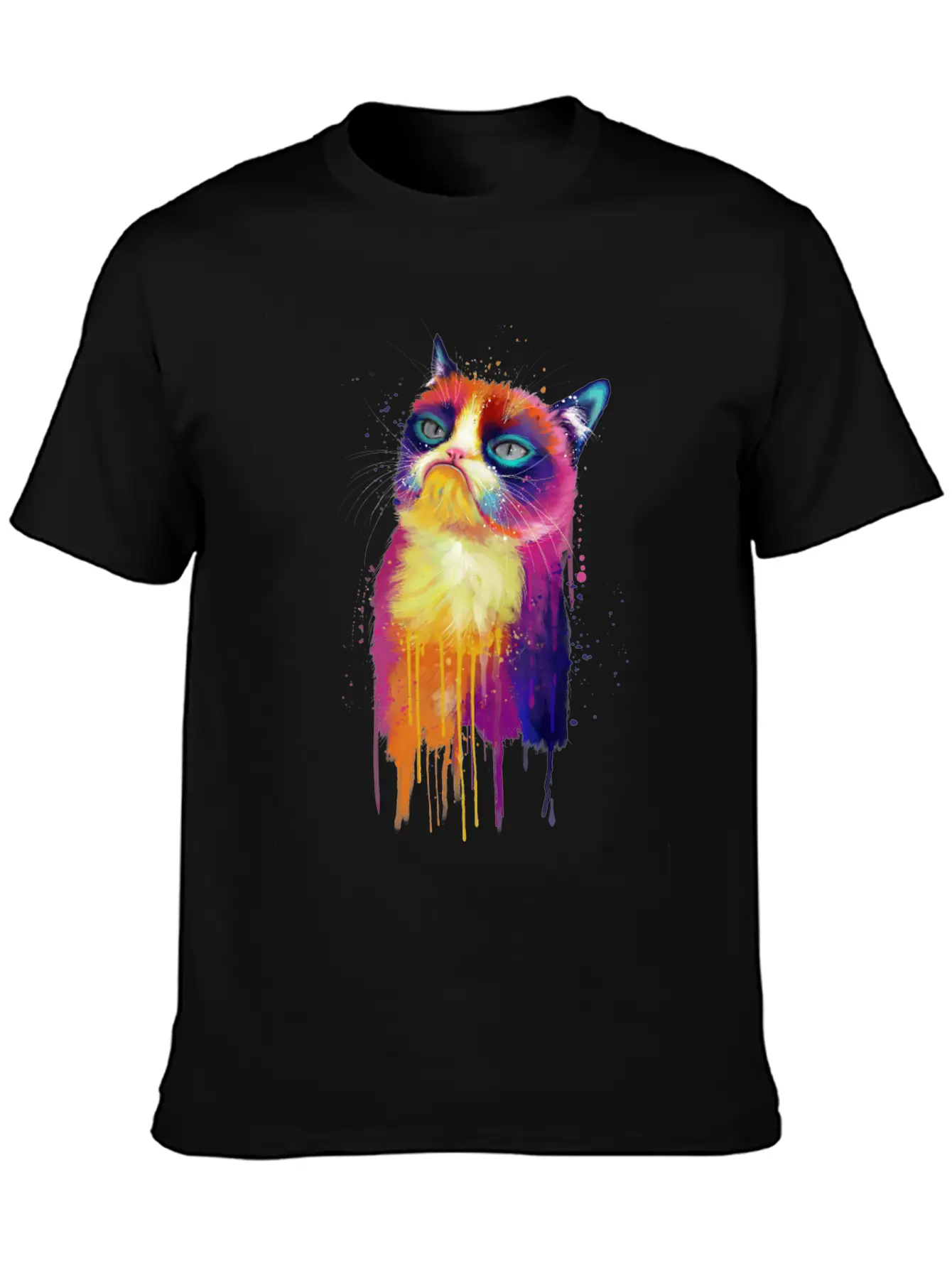 Rainbow Grumpy Kitty Painting Lightweight Cotton T-Shirt – Daily Comfort Graphic Shirt