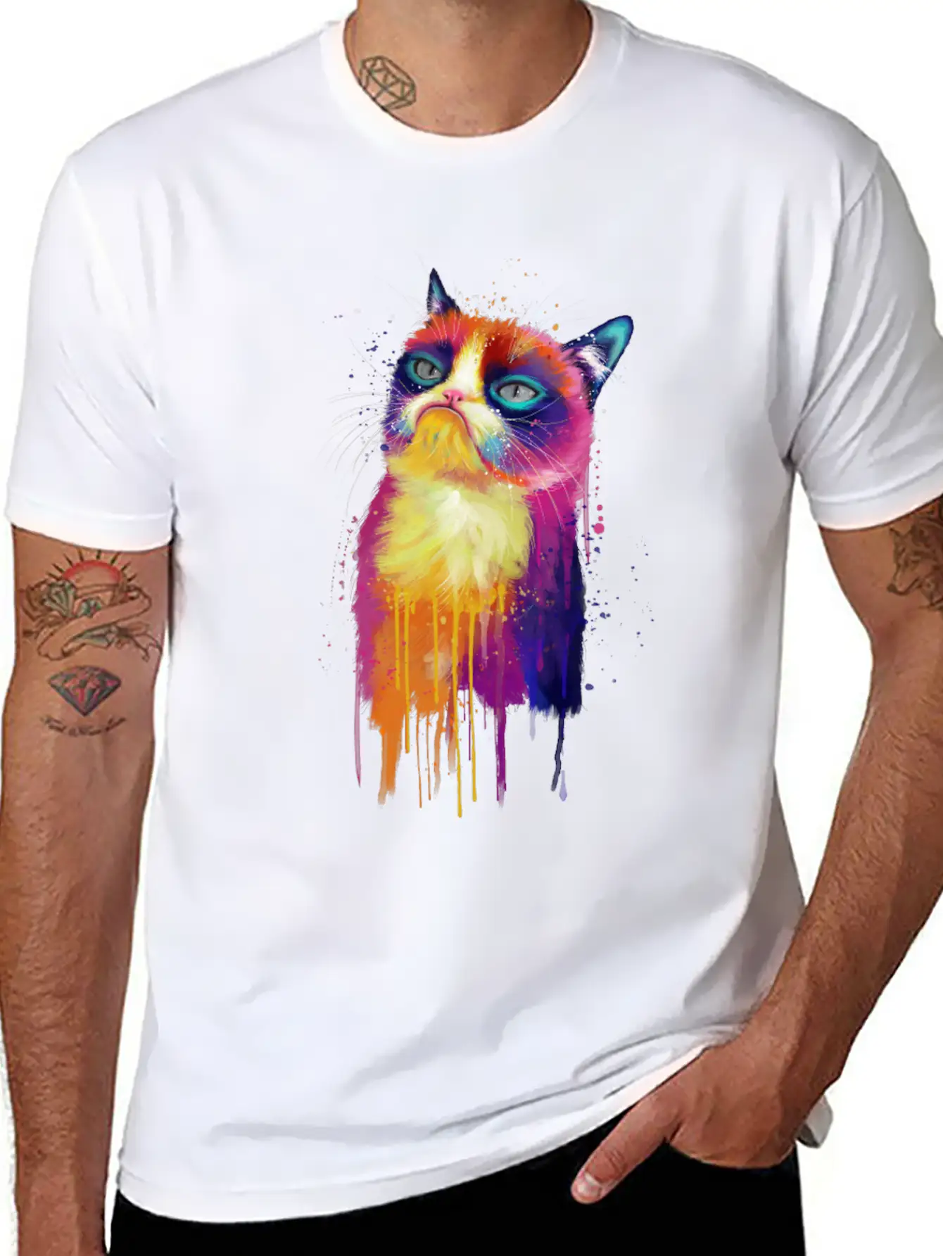 Rainbow Grumpy Kitty Painting Lightweight Cotton T-Shirt – Daily Comfort Graphic Shirt