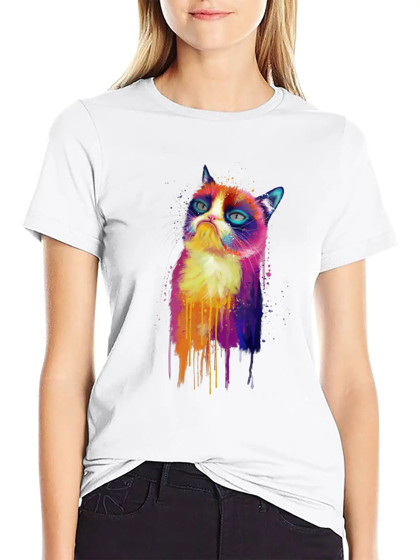 Rainbow Grumpy Kitty Painting Lightweight Cotton T-Shirt – Daily Comfort Graphic Shirt