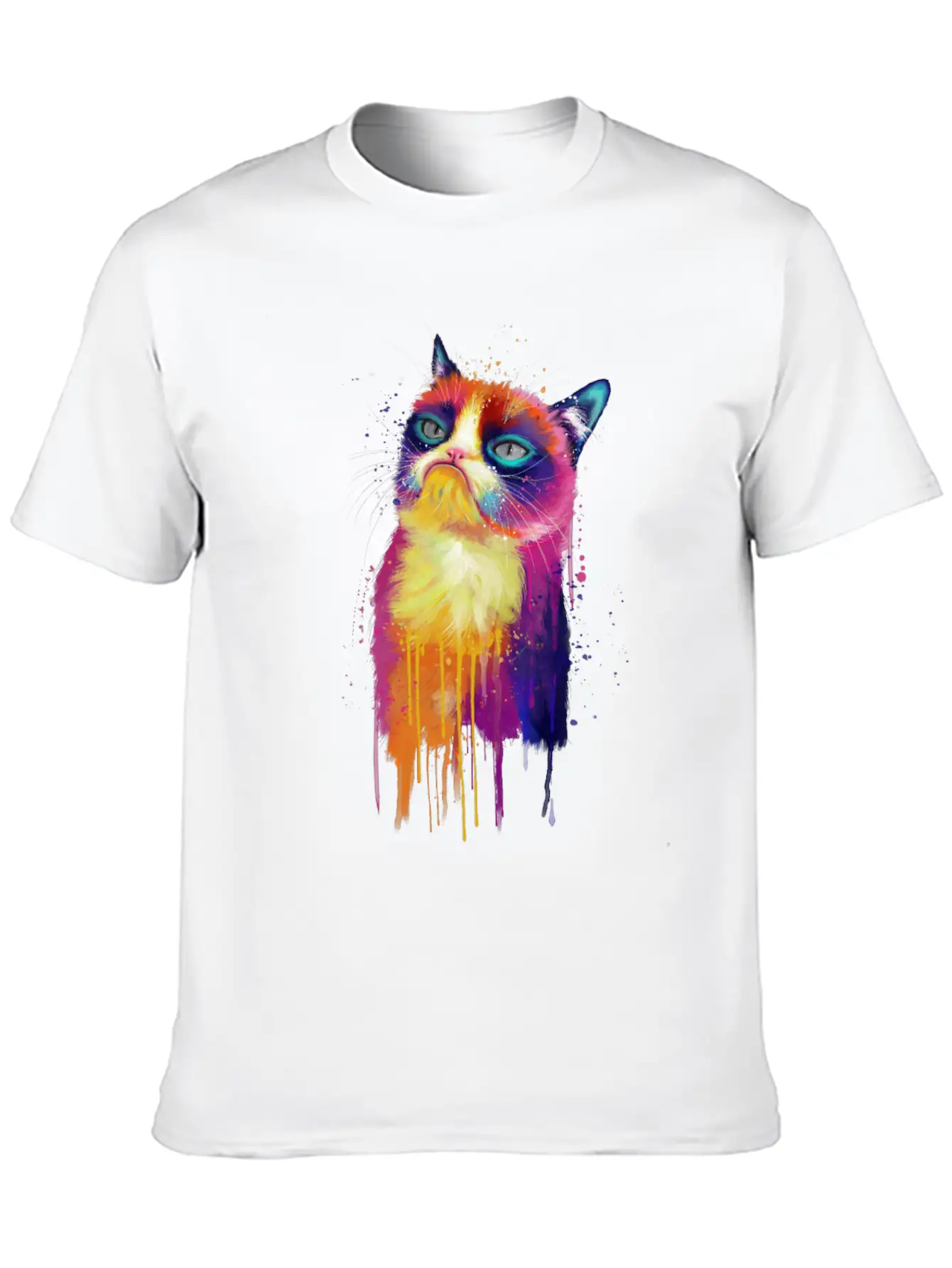 Rainbow Grumpy Kitty Painting Lightweight Cotton T-Shirt – Daily Comfort Graphic Shirt