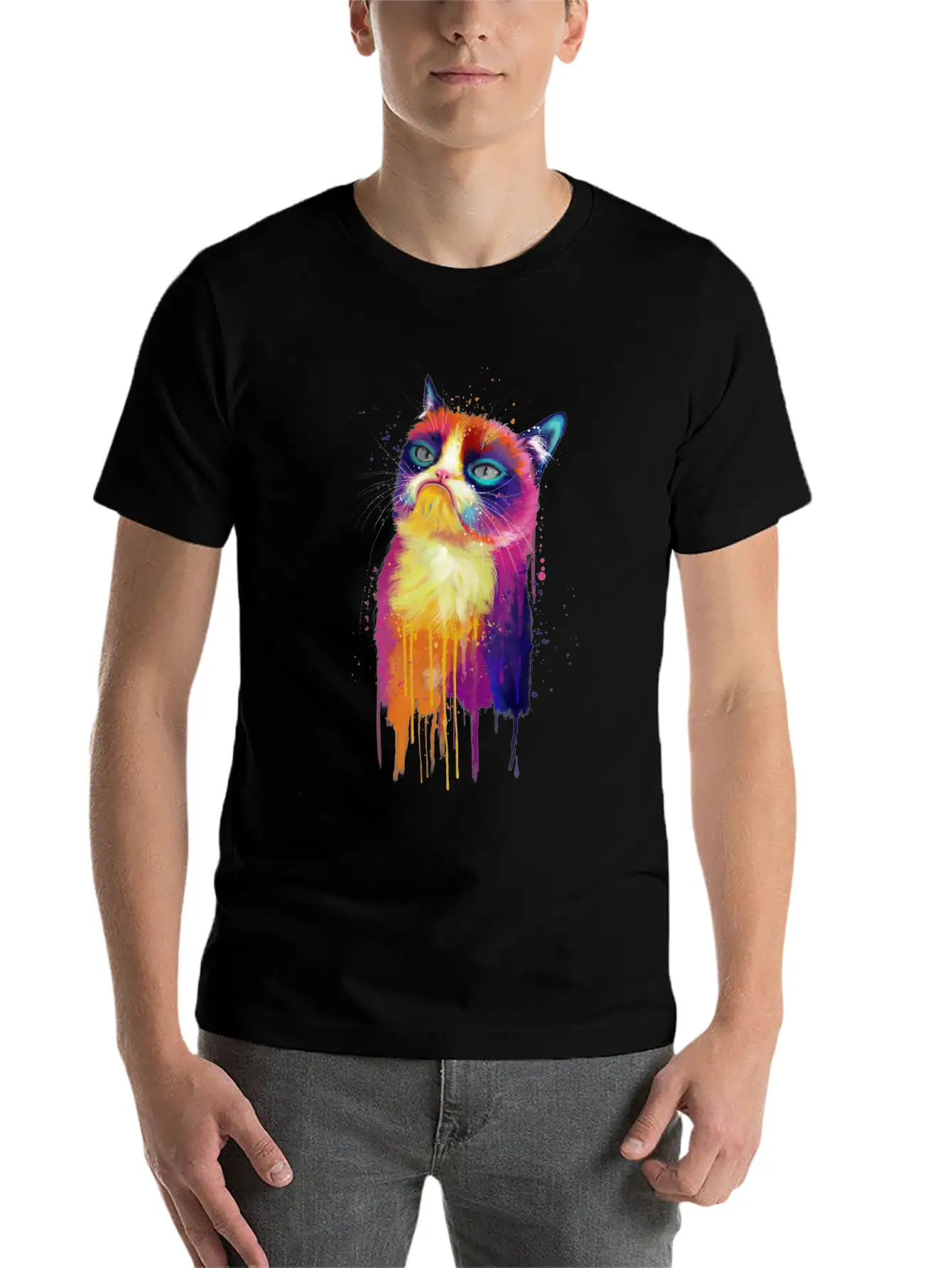 Rainbow Grumpy Kitty Painting Lightweight Cotton T-Shirt – Daily Comfort Graphic Shirt