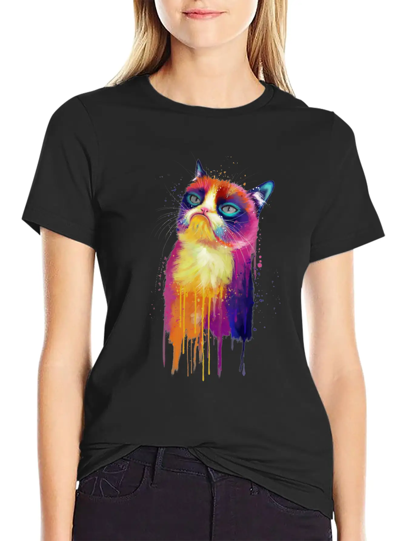 Rainbow Grumpy Kitty Painting Lightweight Cotton T-Shirt – Daily Comfort Graphic Shirt