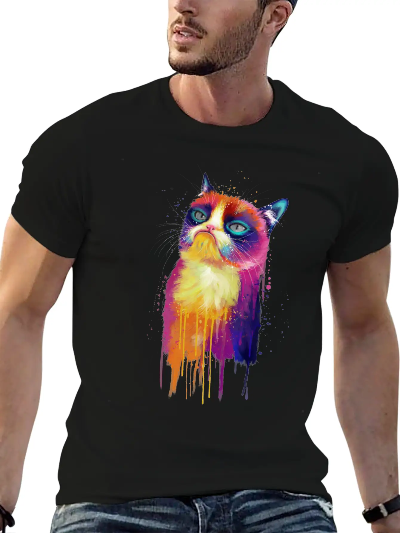 Rainbow Grumpy Kitty Painting Lightweight Cotton T-Shirt – Daily Comfort Graphic Shirt