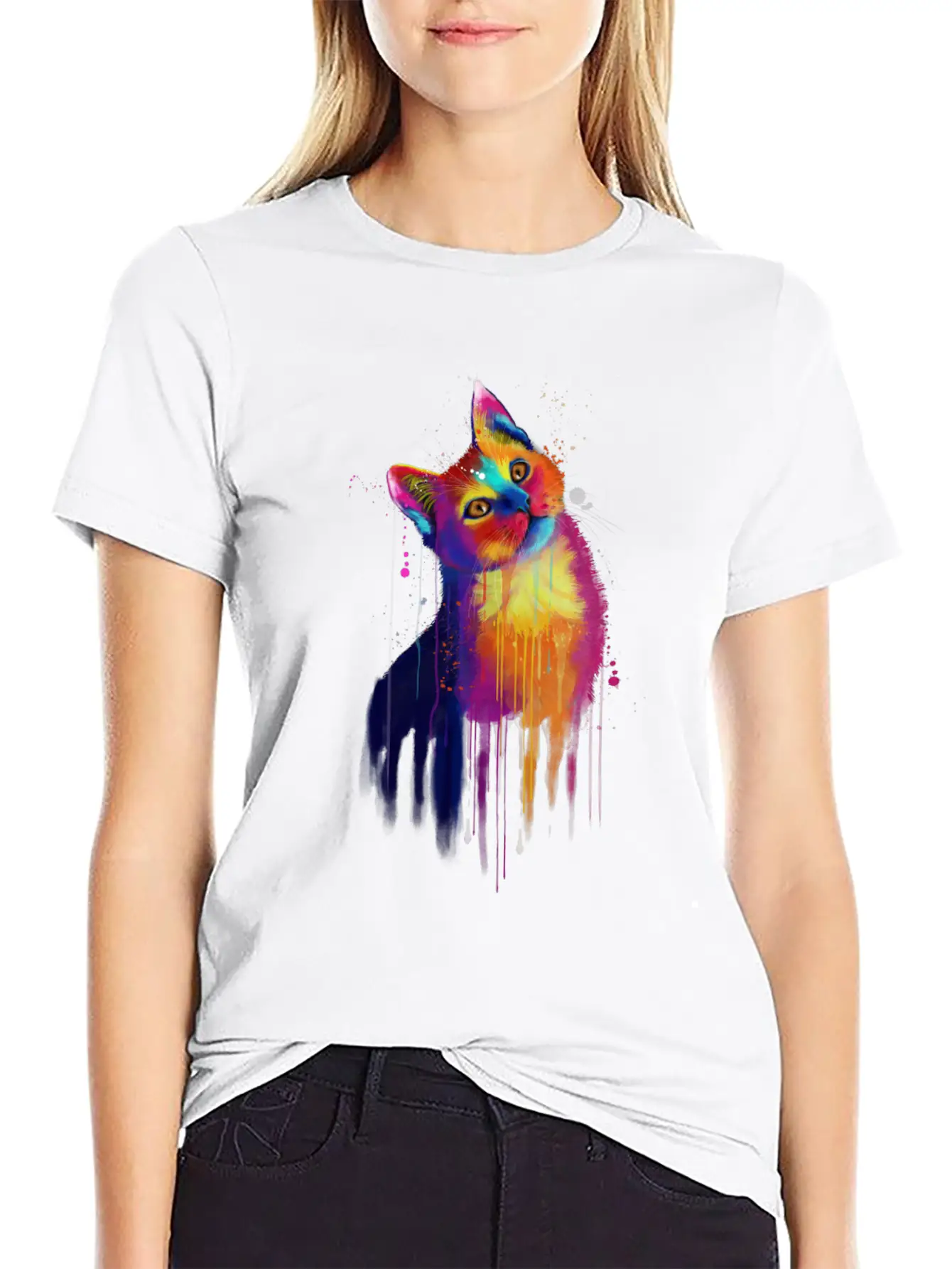 Rainbow Kitty Painting Lightweight Cotton T-Shirt – Daily Comfort Graphic Shirt