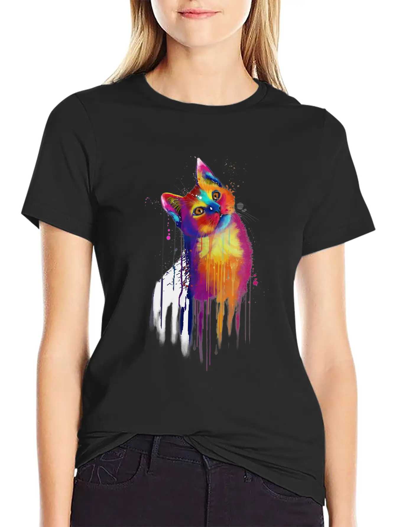 Rainbow Kitty Painting Lightweight Cotton T-Shirt – Daily Comfort Graphic Shirt